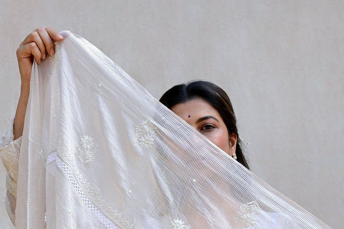 Beige Tissue Chanderi Chikankari Suit