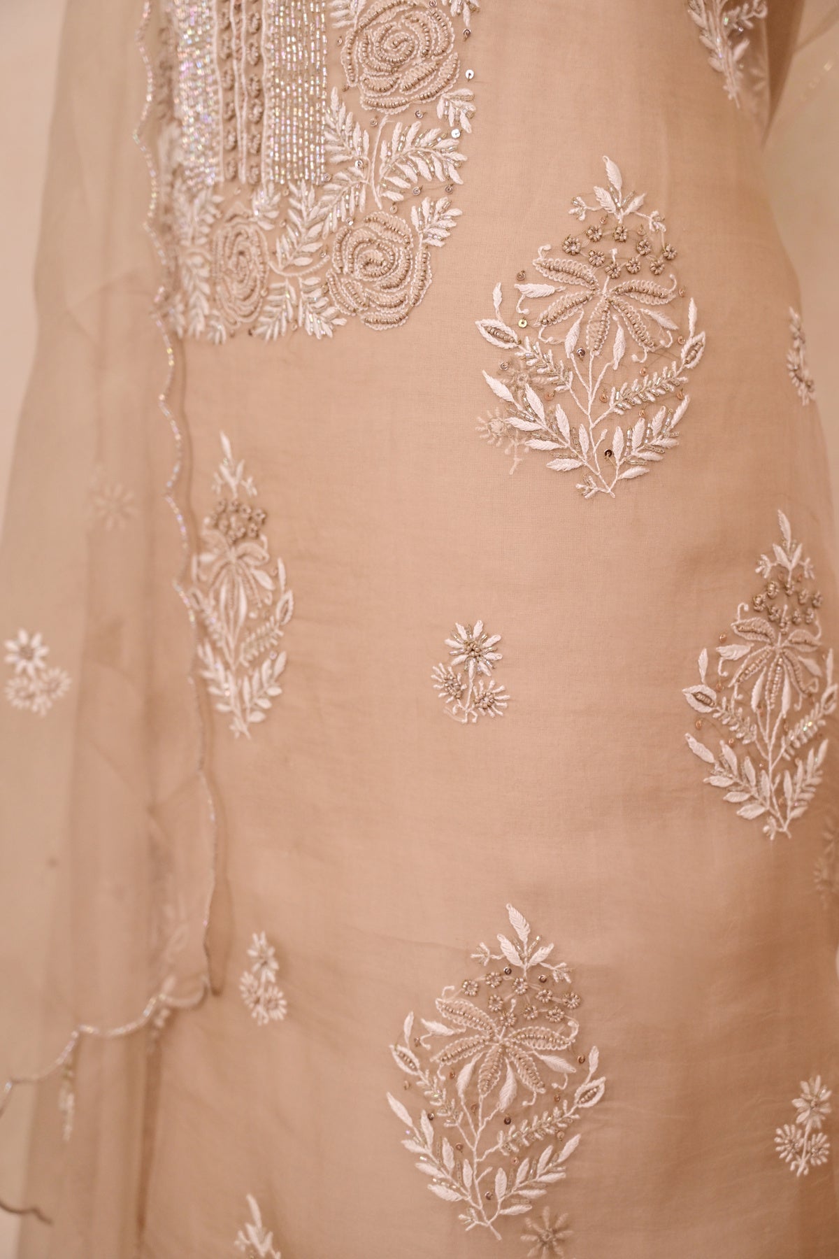 Light Brown Organza Chikankari Suit