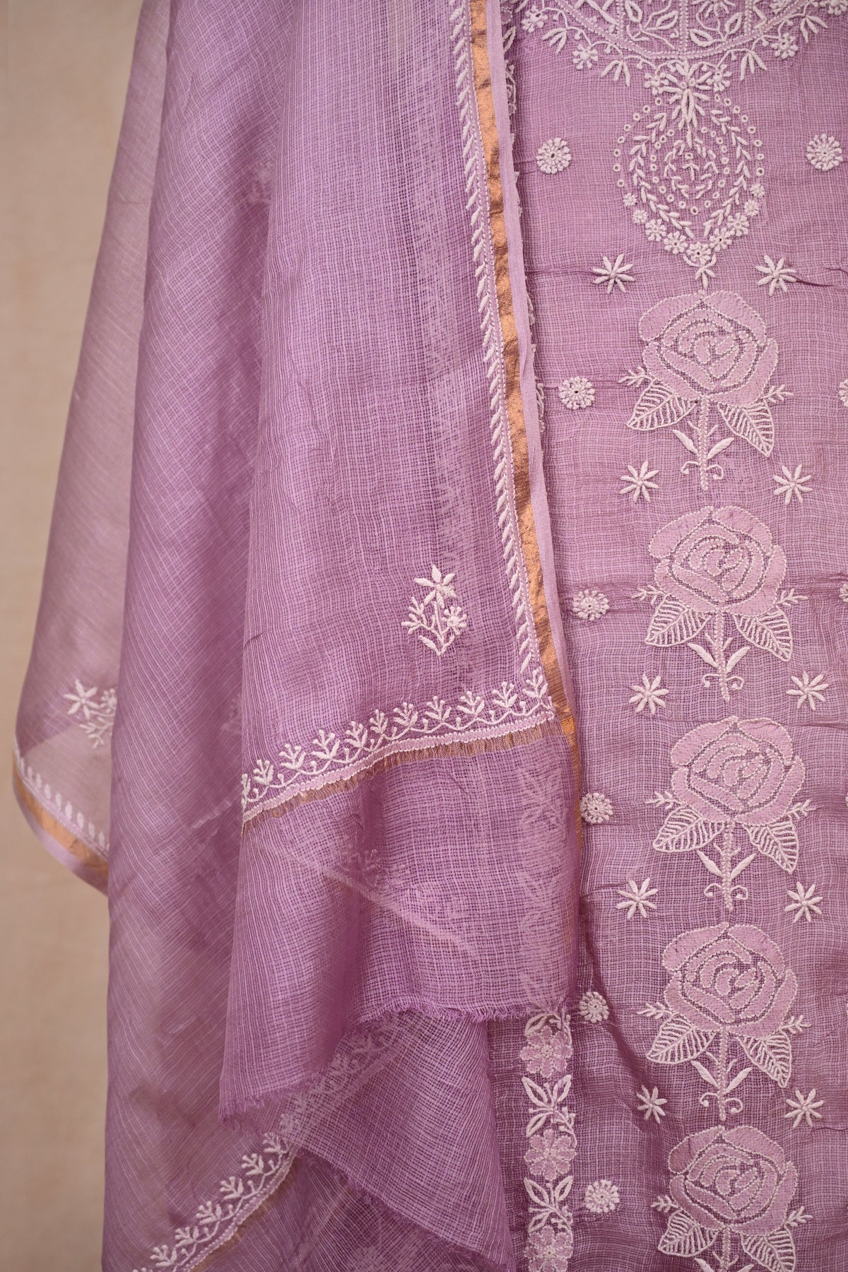 Dark Lavender Kota Silk Chikankari Suit