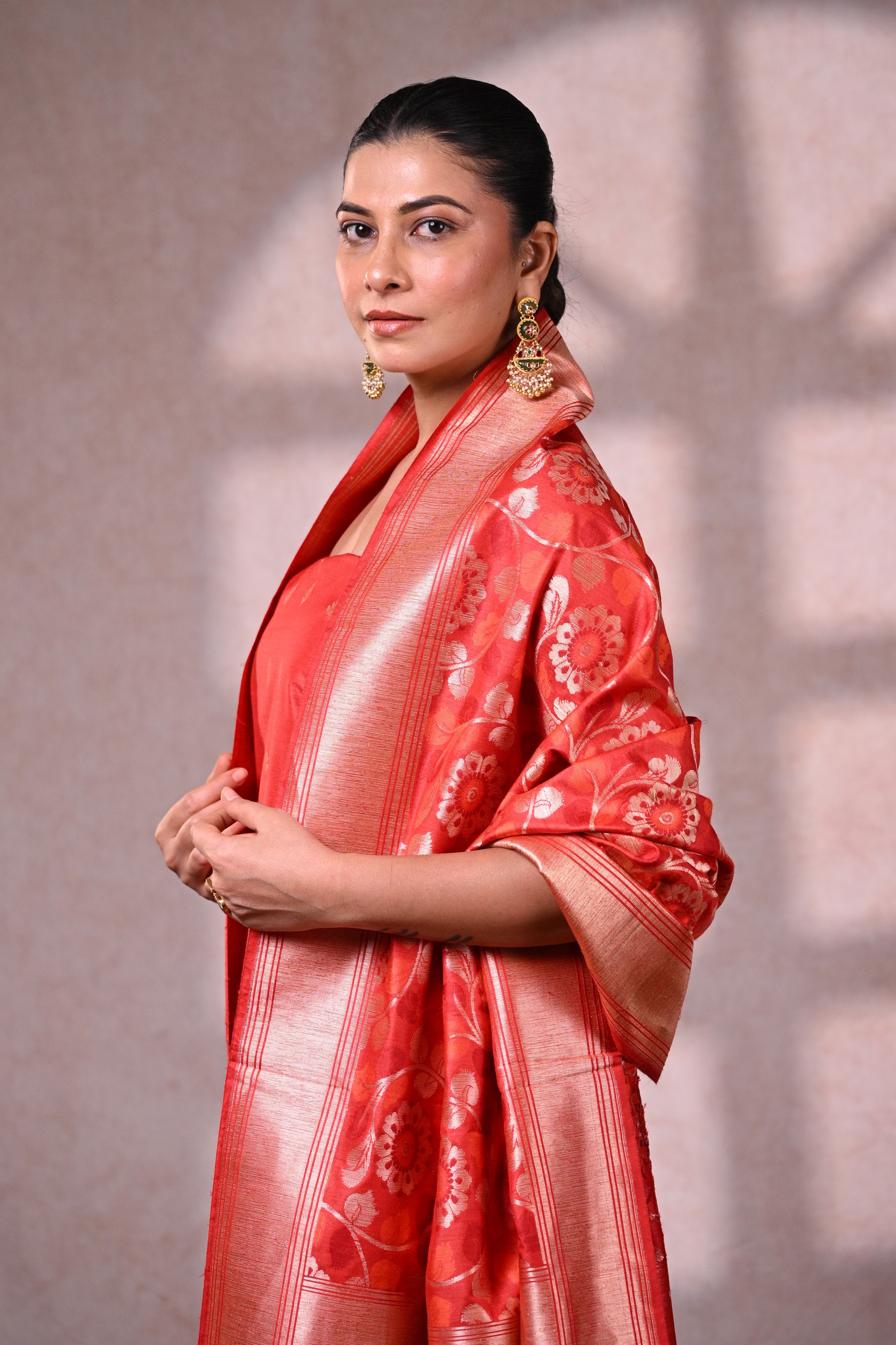 Vermillion Red Banarasi Dupion Silk Suit