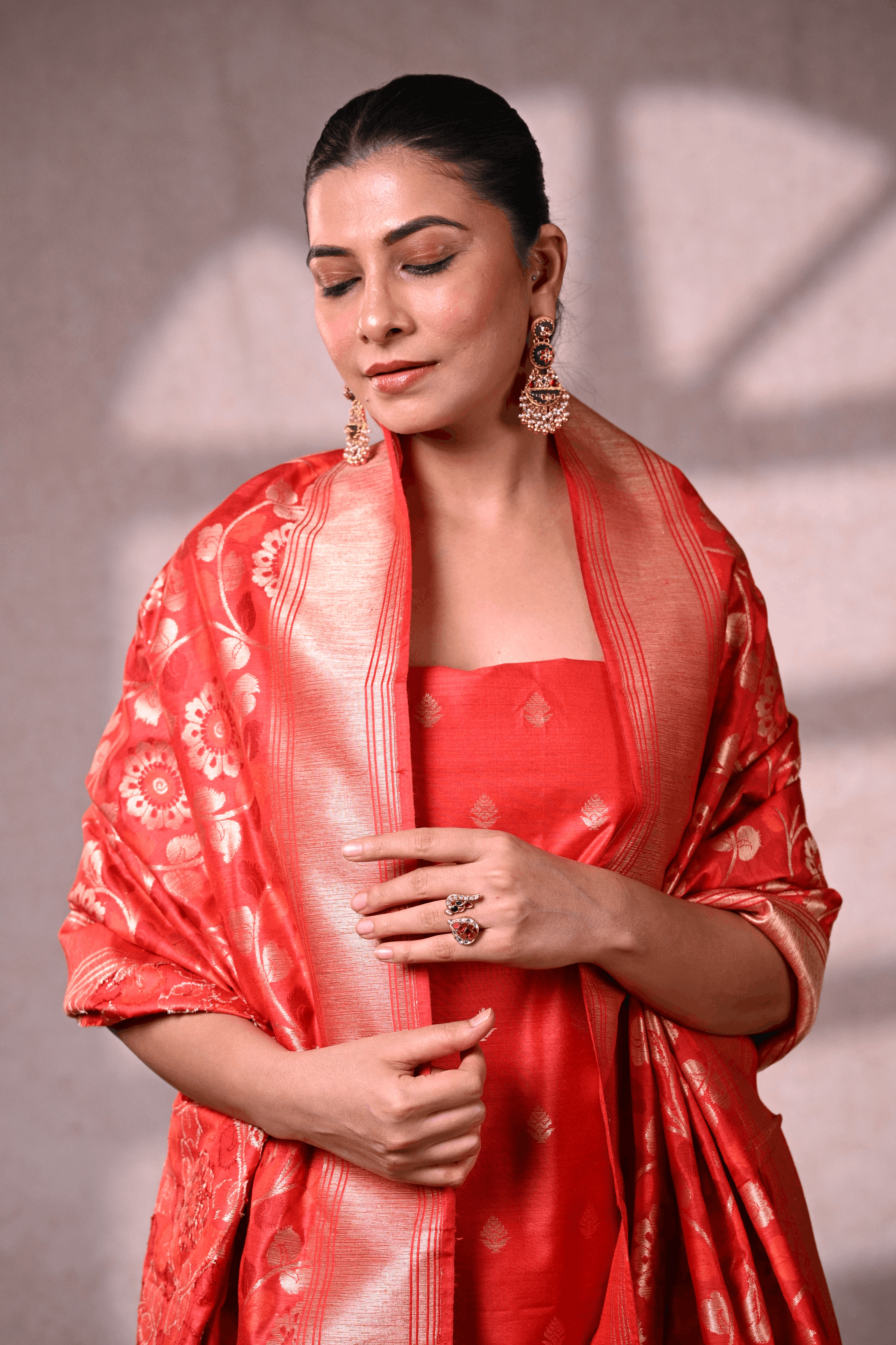 Vermillion Red Banarasi Dupion Silk Suit