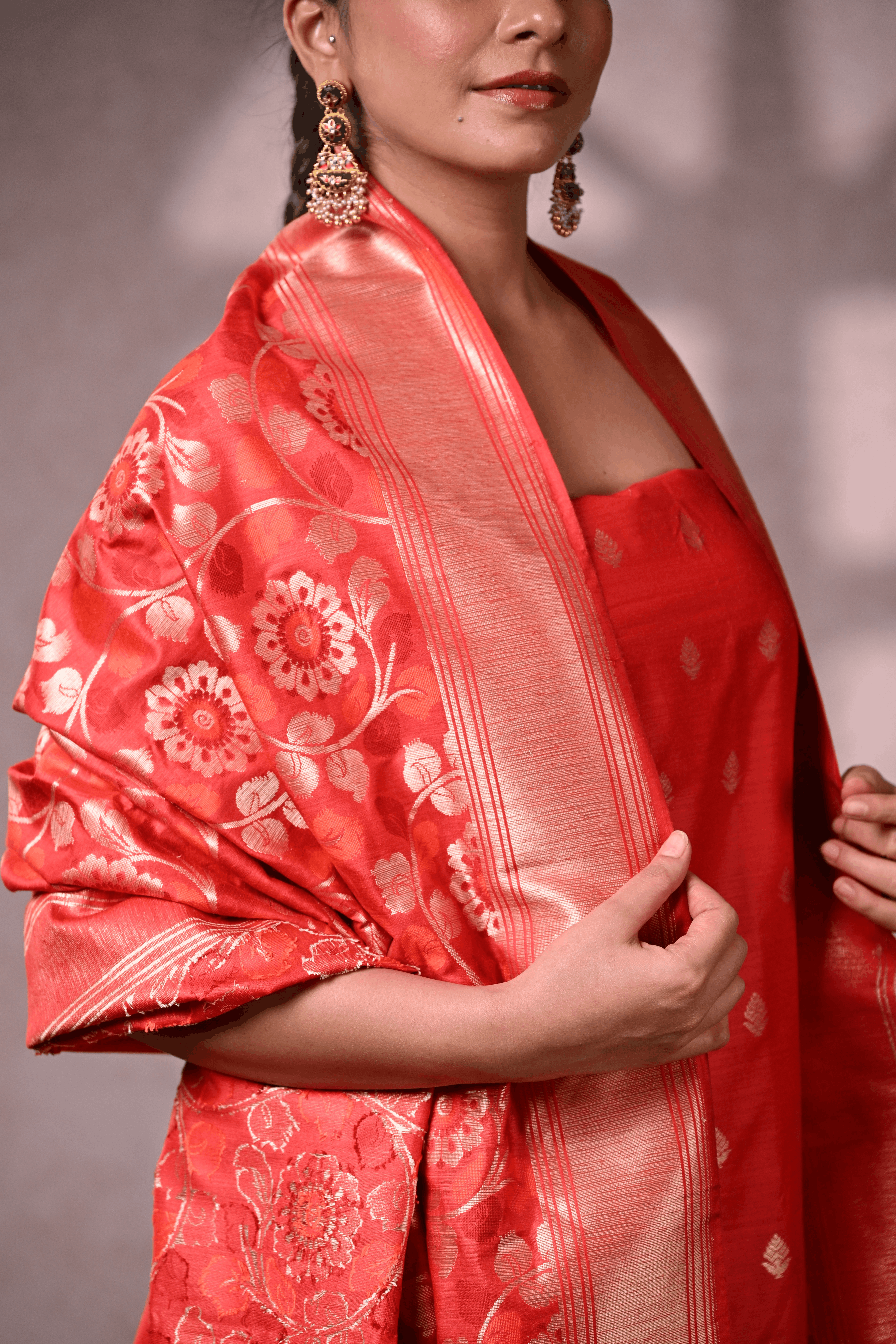 Vermillion Red Banarasi Dupion Silk Suit