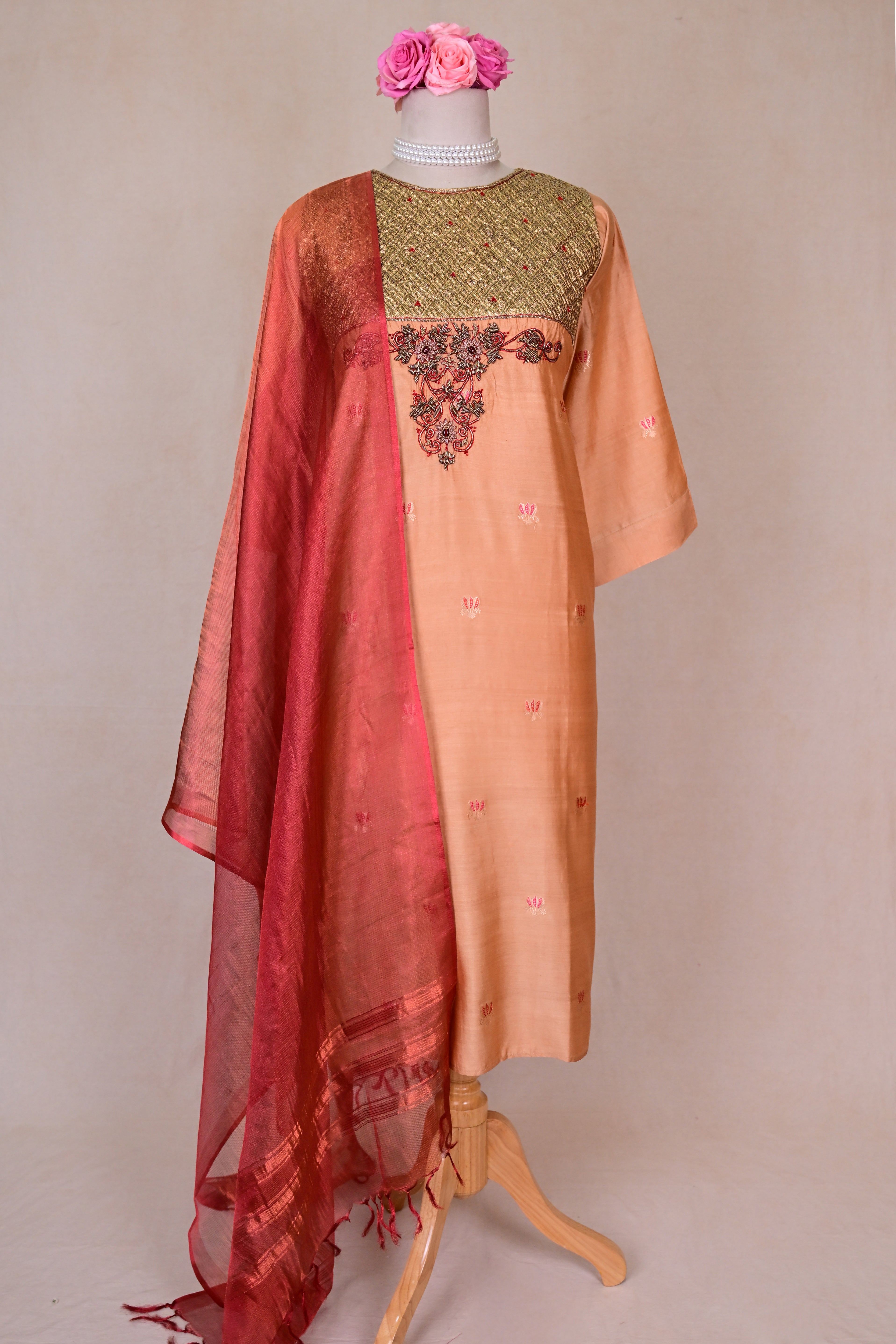 Apricot Chiniya Silk Zardozi Suit
