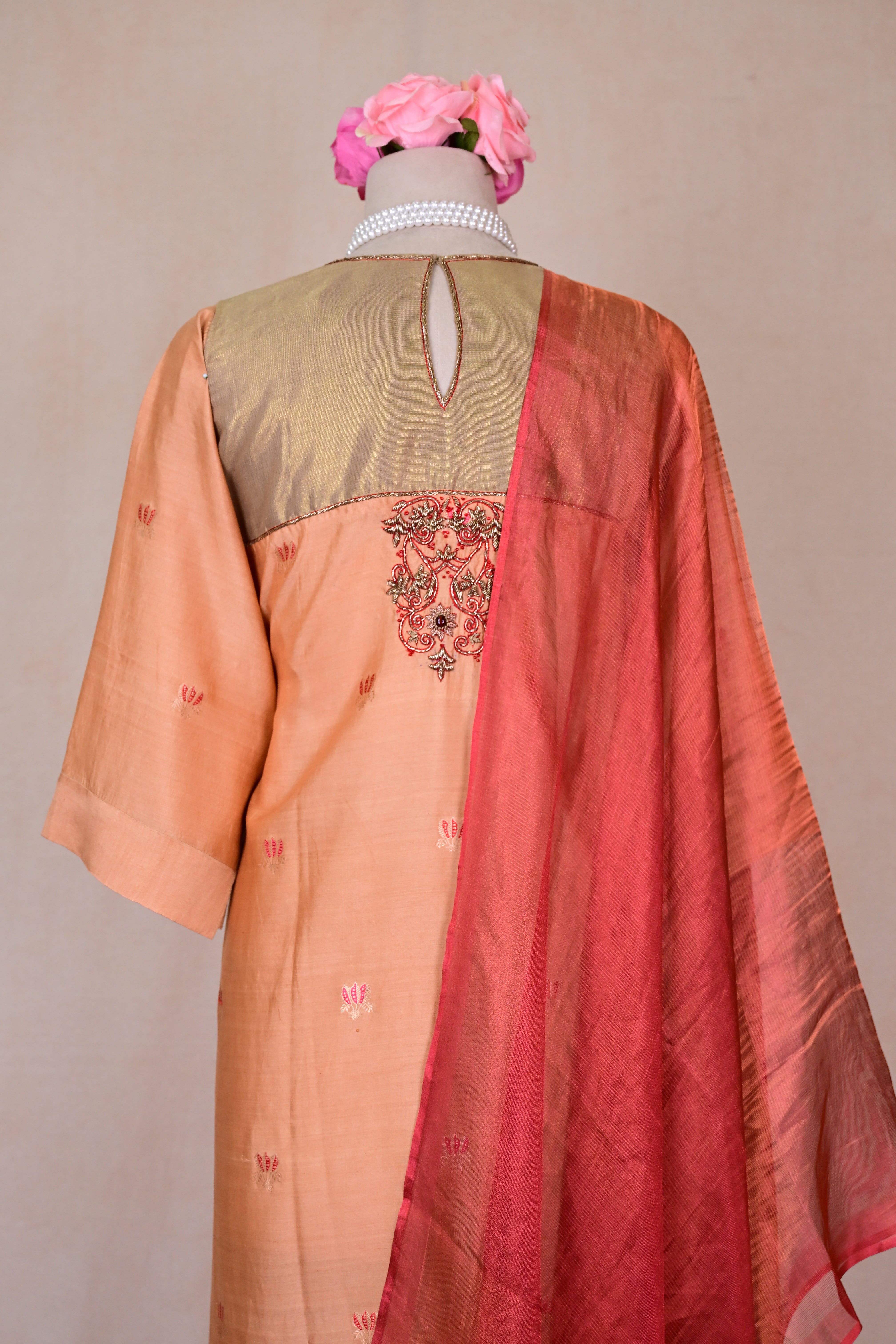 Apricot Chiniya Silk Zardozi Suit