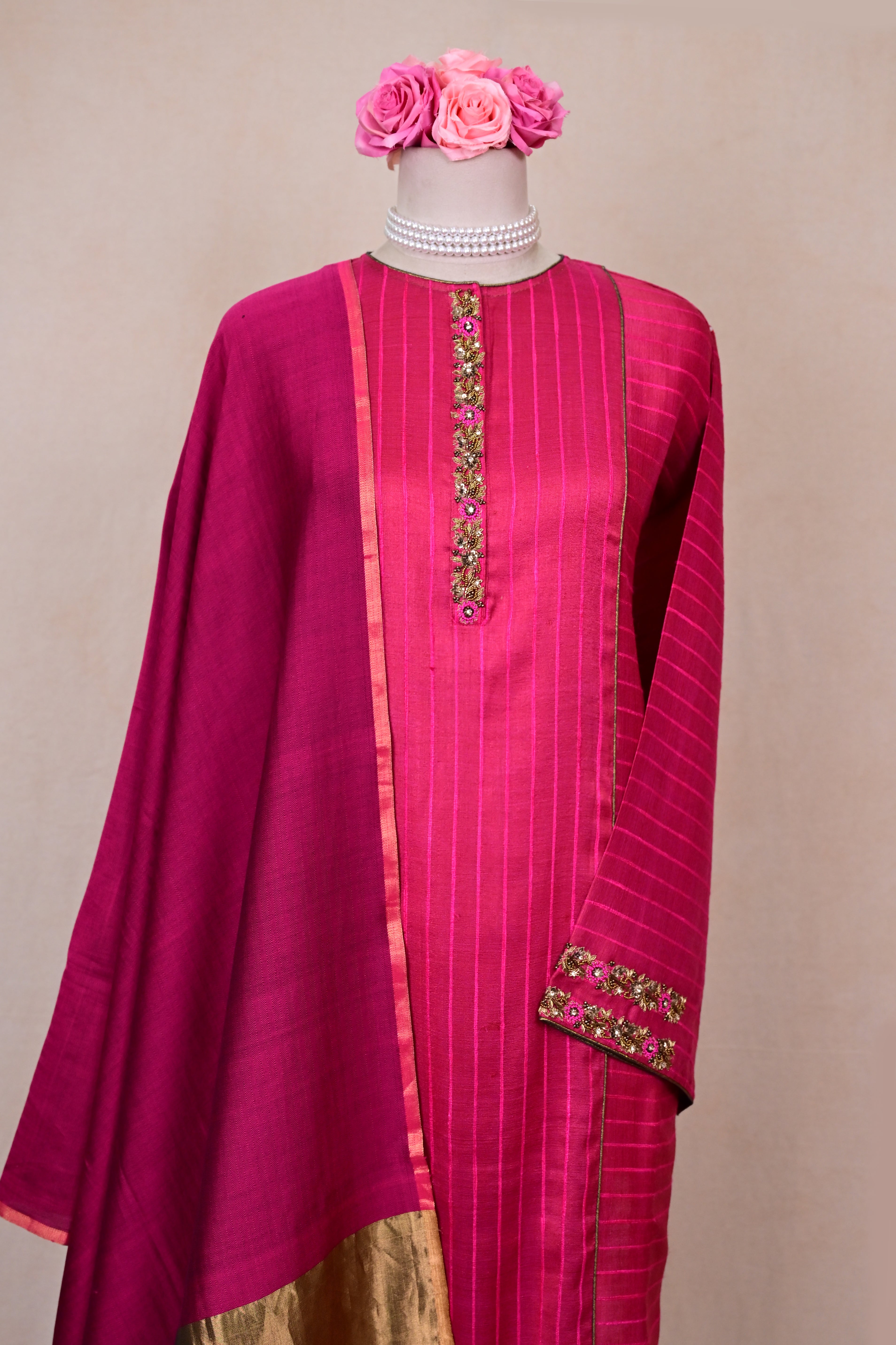 Magenta Tussar Mulberry Silk Zardozi Suit