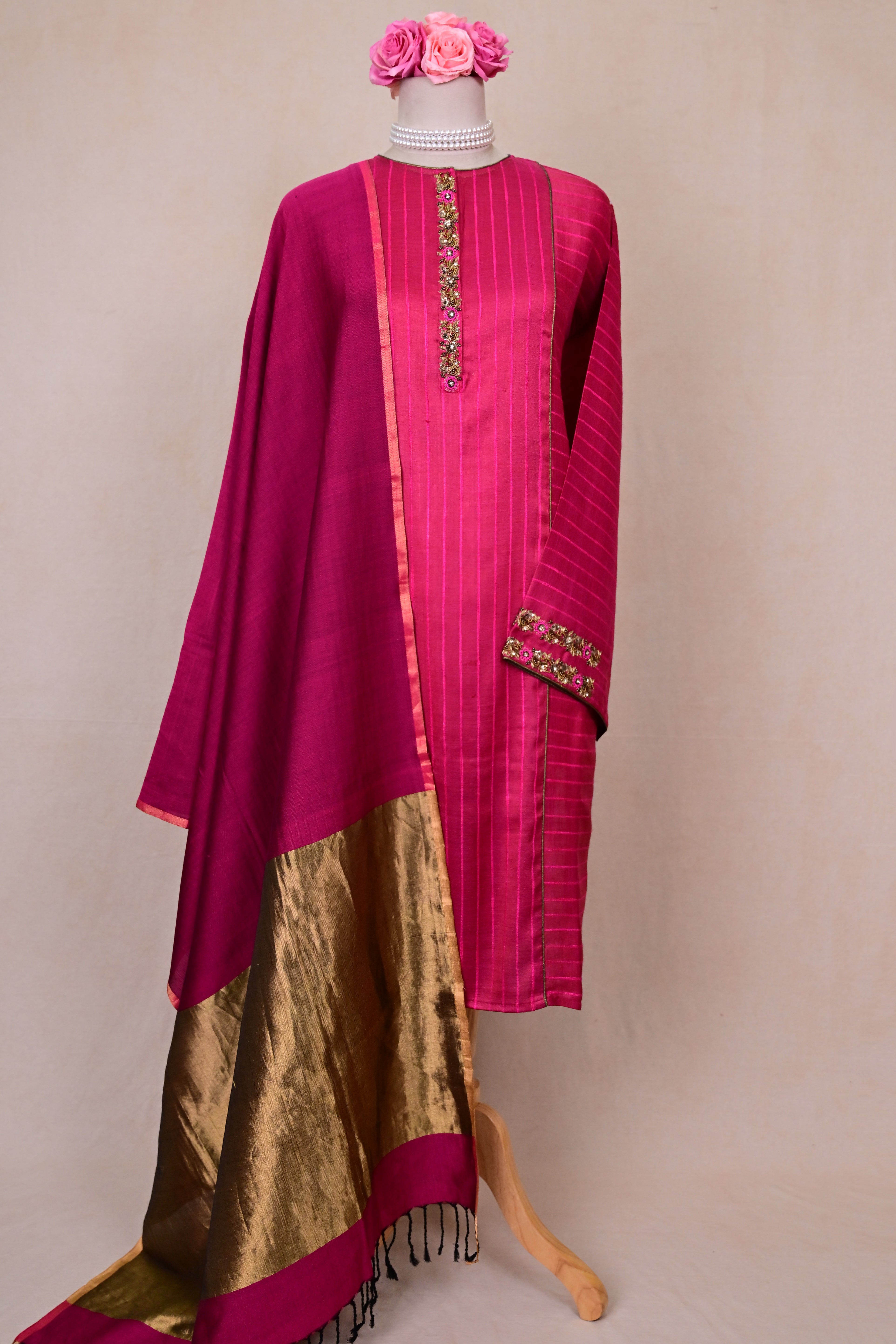 Magenta Tussar Mulberry Silk Zardozi Suit
