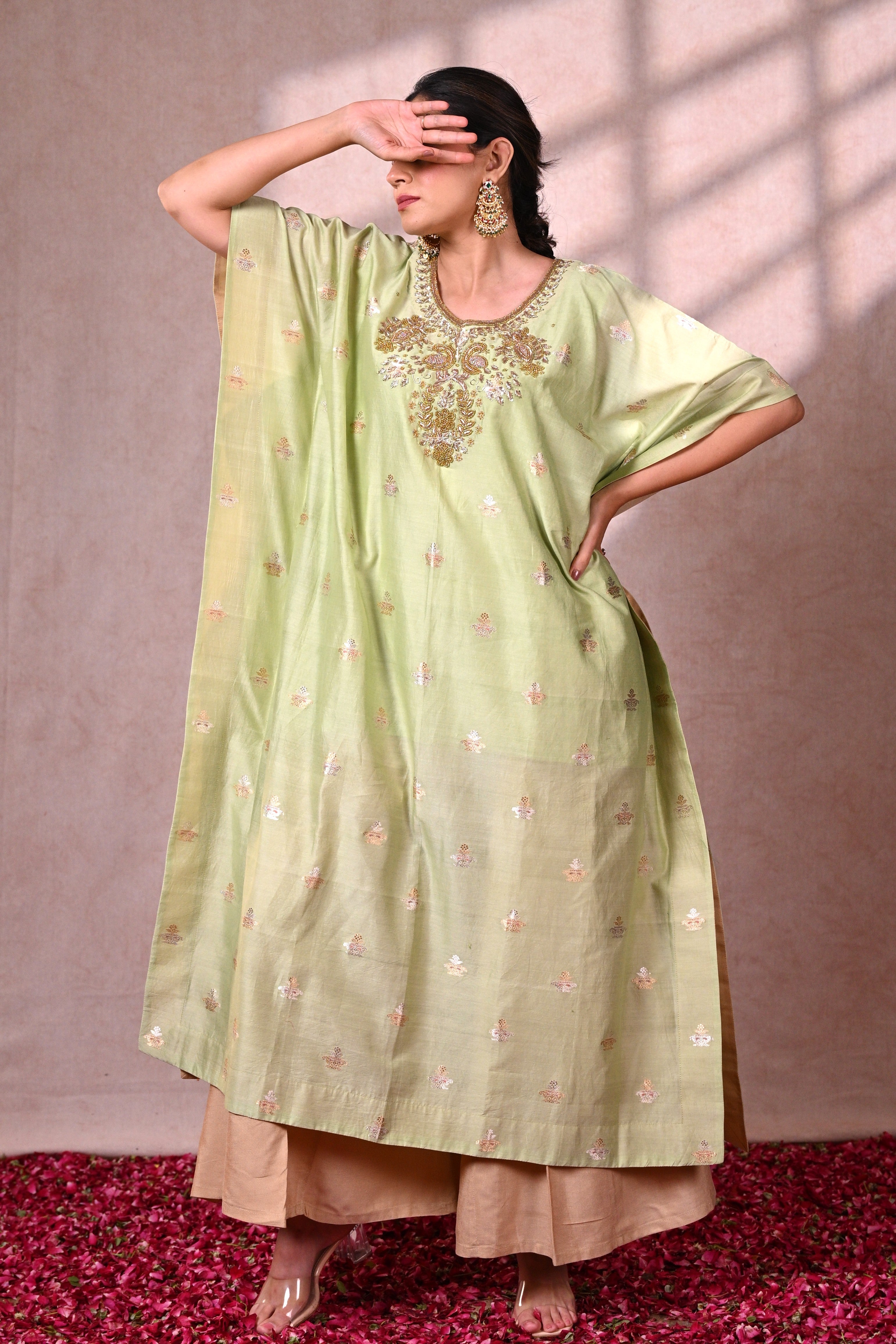 Pistachio Banarasi Chanderi Silk Zardozi Kaftan