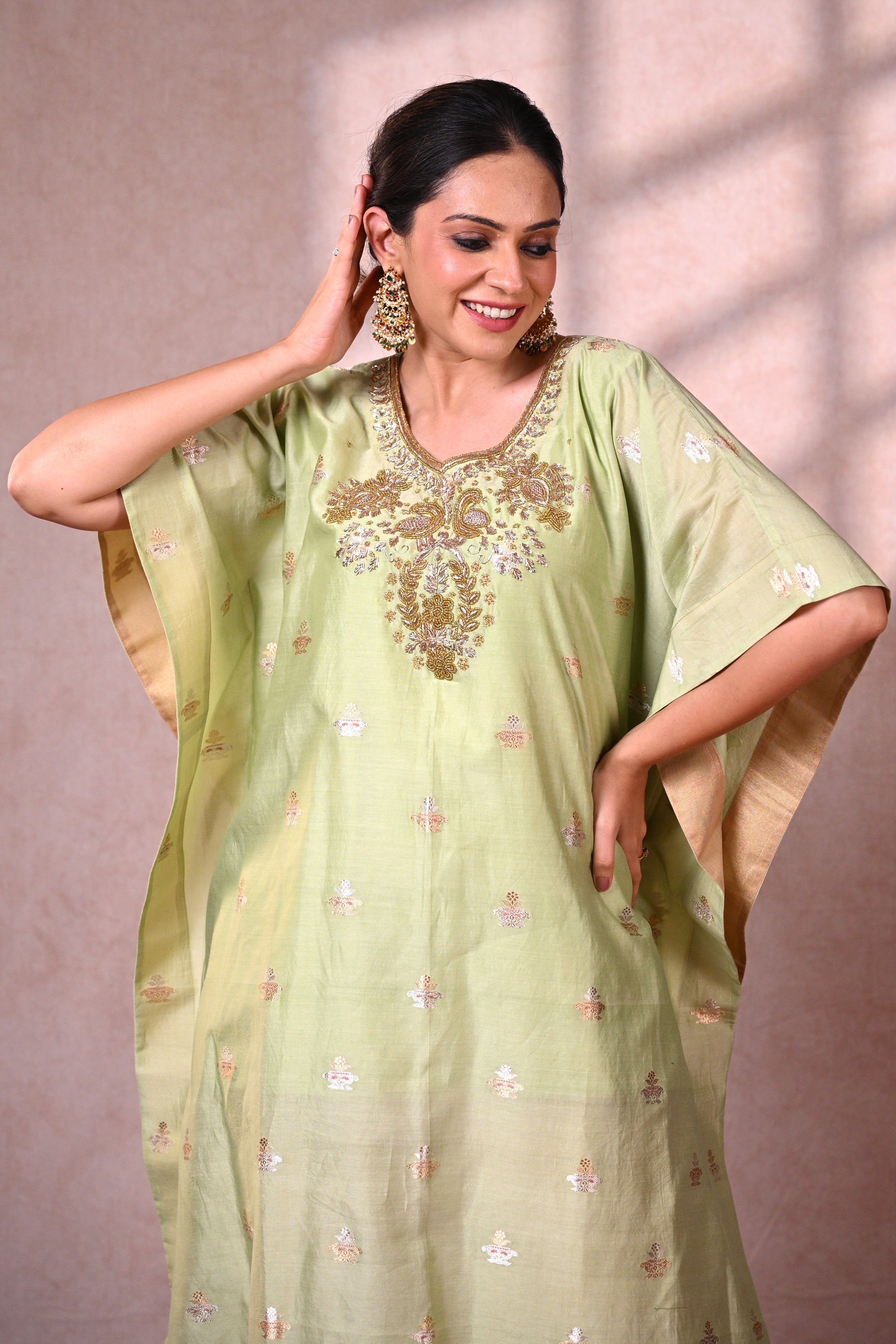 Pistachio Banarasi Chanderi Silk Zardozi Kaftan