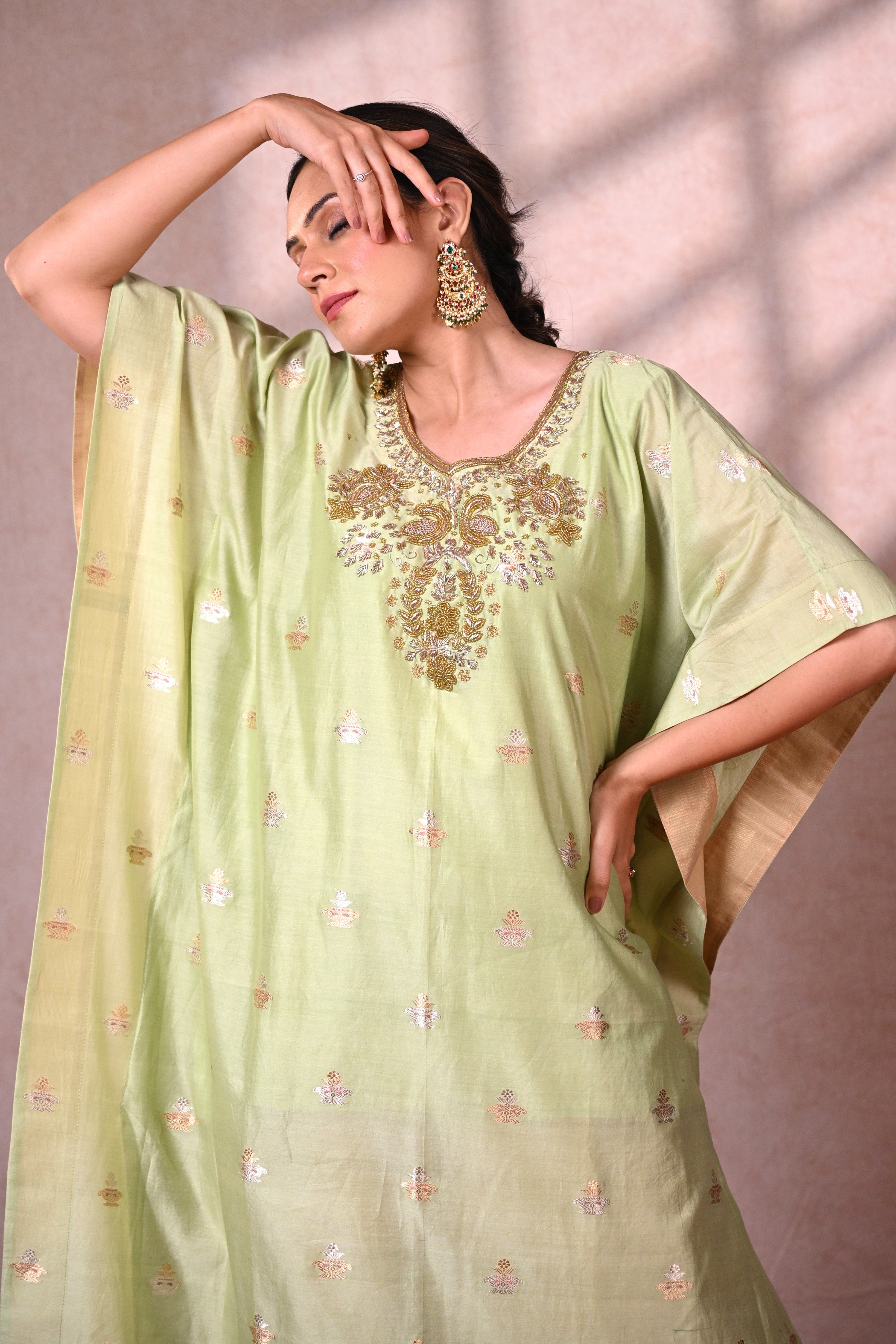 Pistachio Banarasi Chanderi Silk Zardozi Kaftan