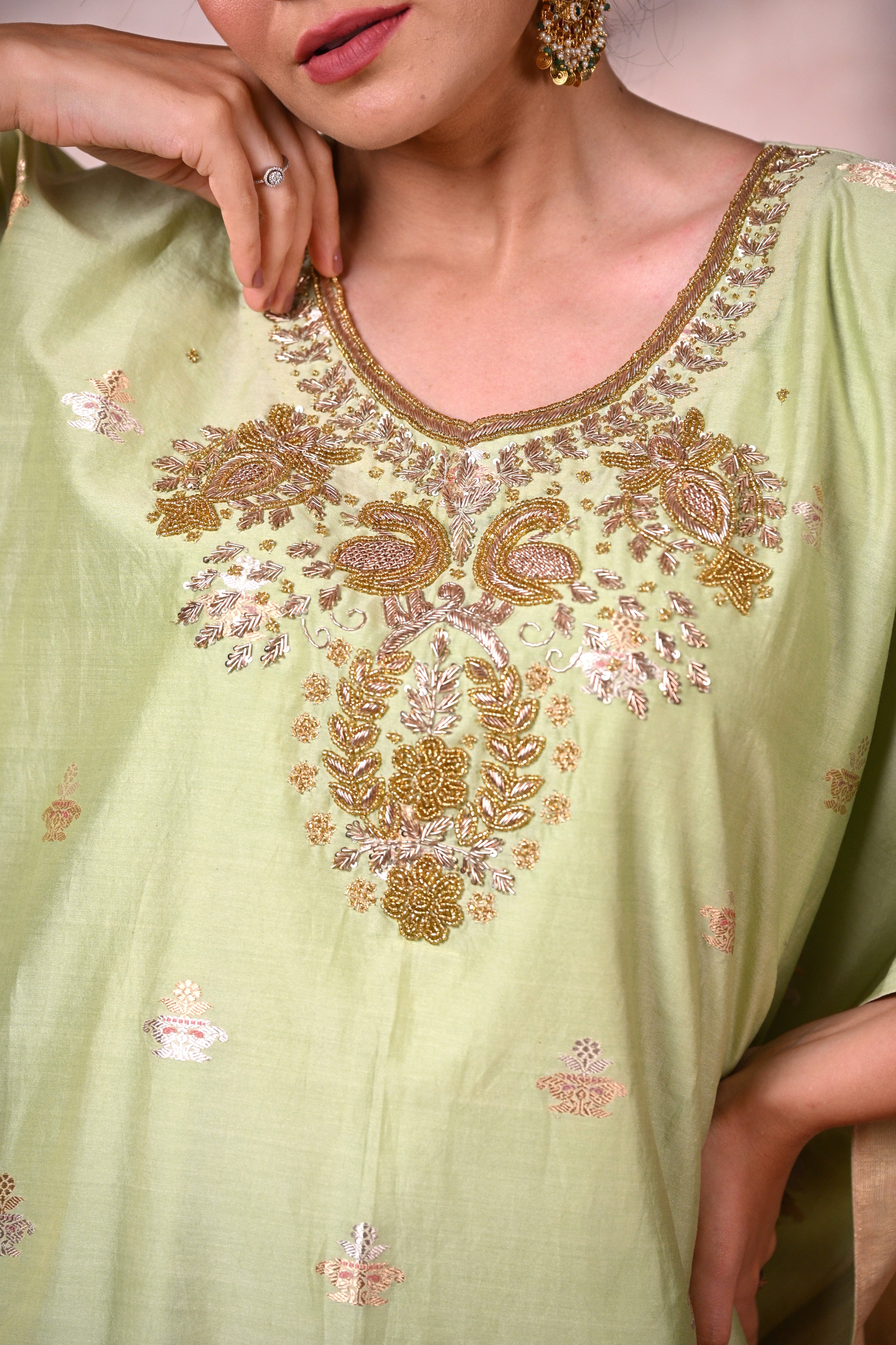 Pistachio Banarasi Chanderi Silk Zardozi Kaftan