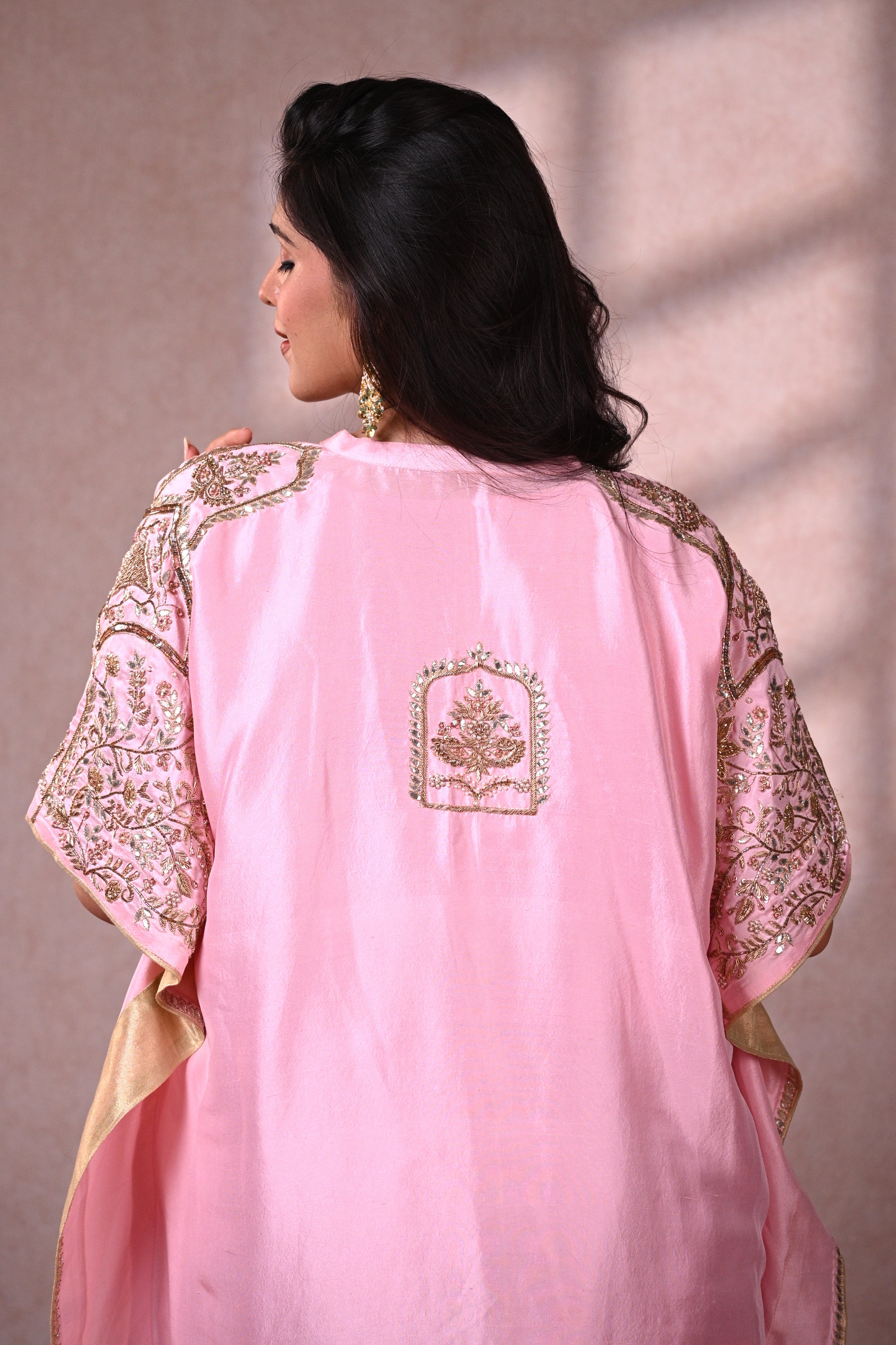 Vark Pink Dupion Silk Zardozi Kaftan