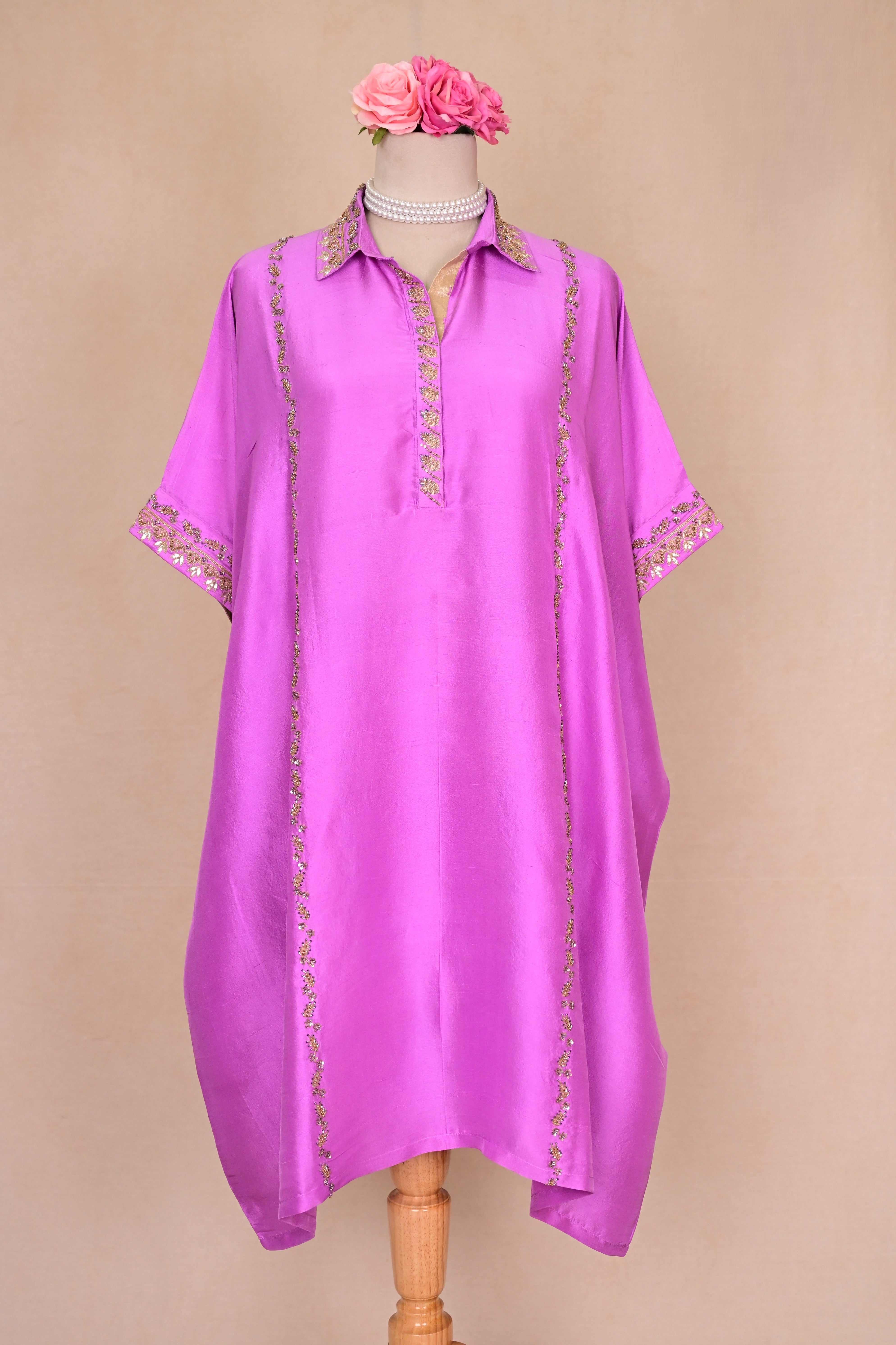 Lilac Dupion Silk Zardozi Kaftan