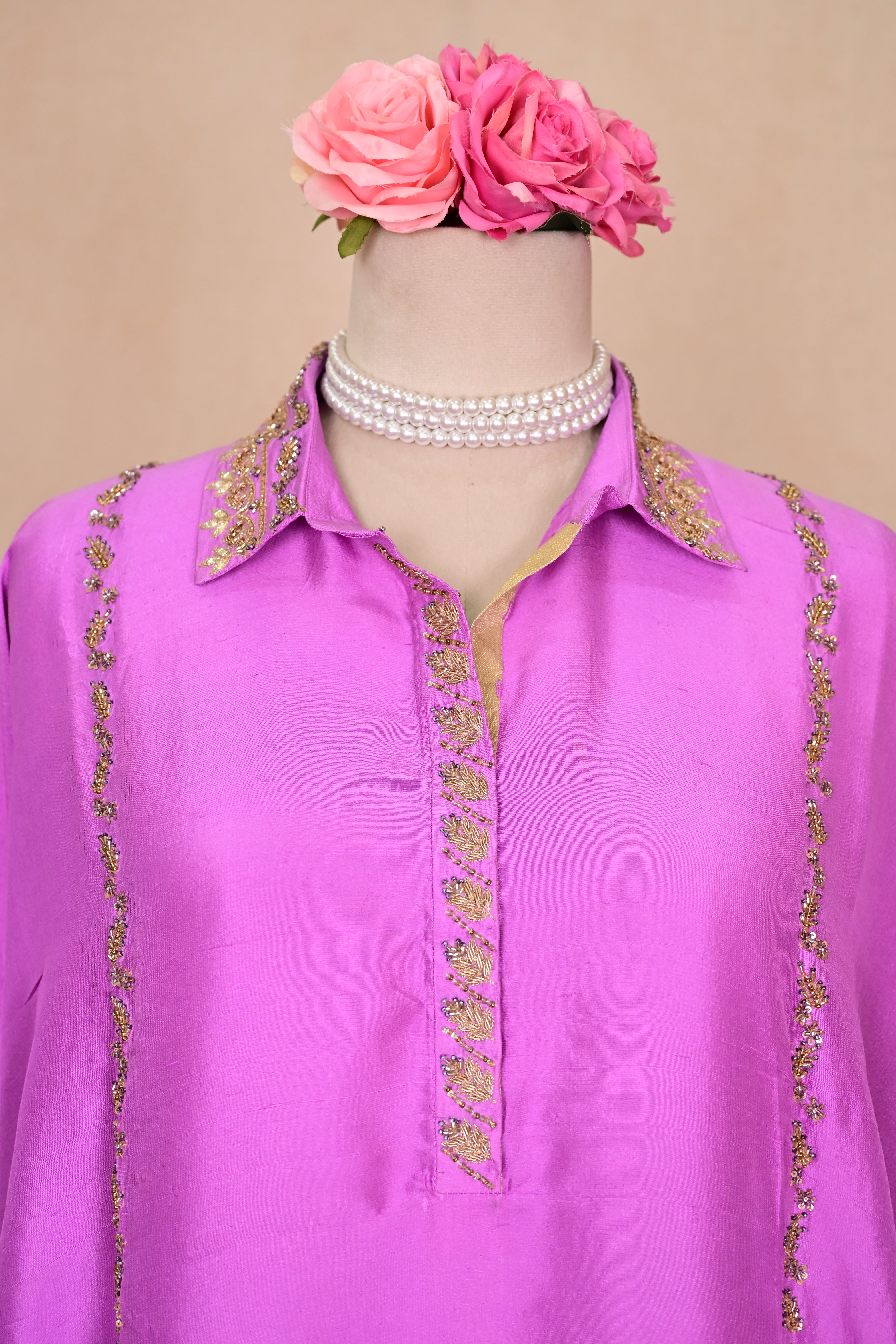 Lilac Dupion Silk Zardozi Kaftan