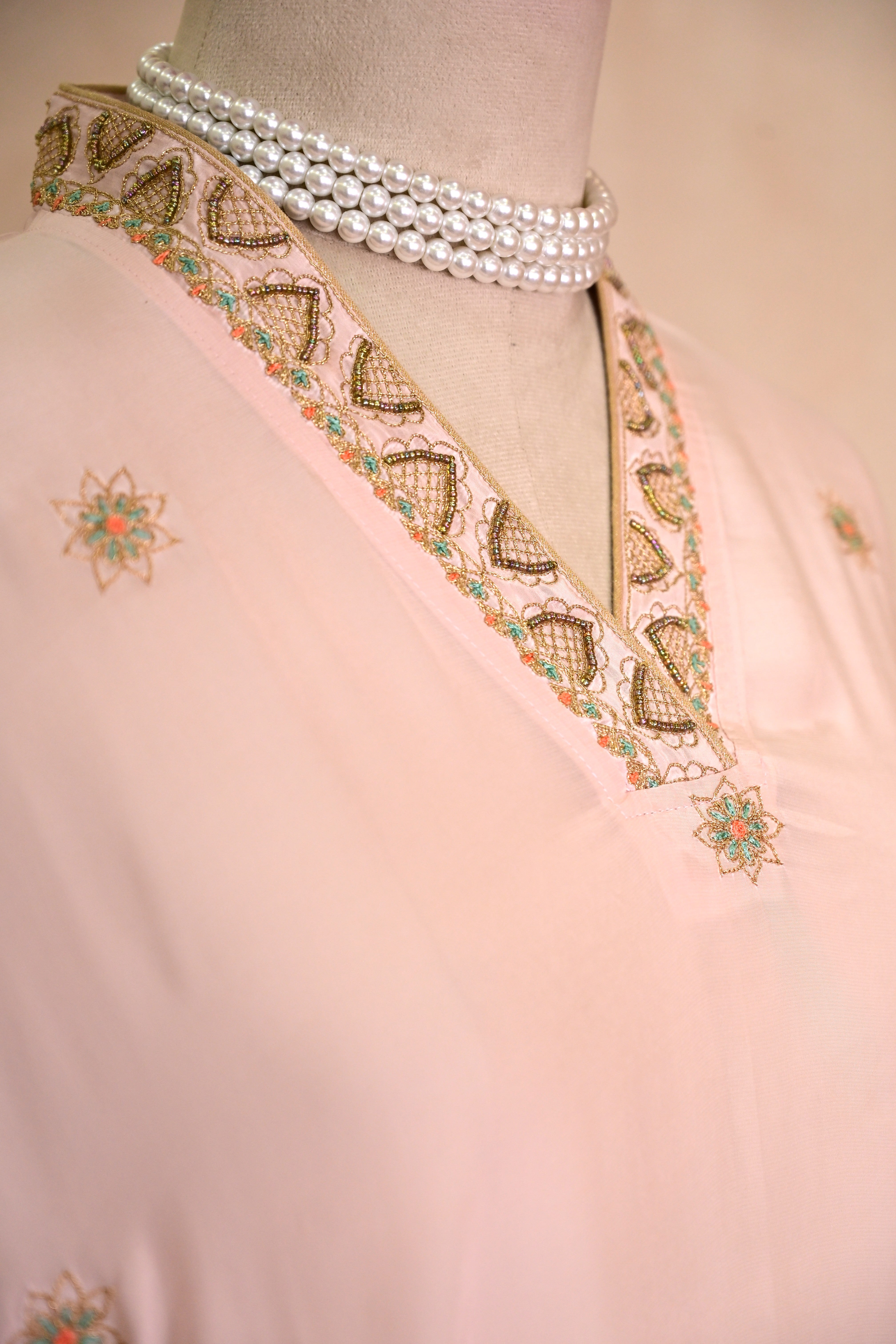 Pale Pink Crepe Zardozi Kaftan