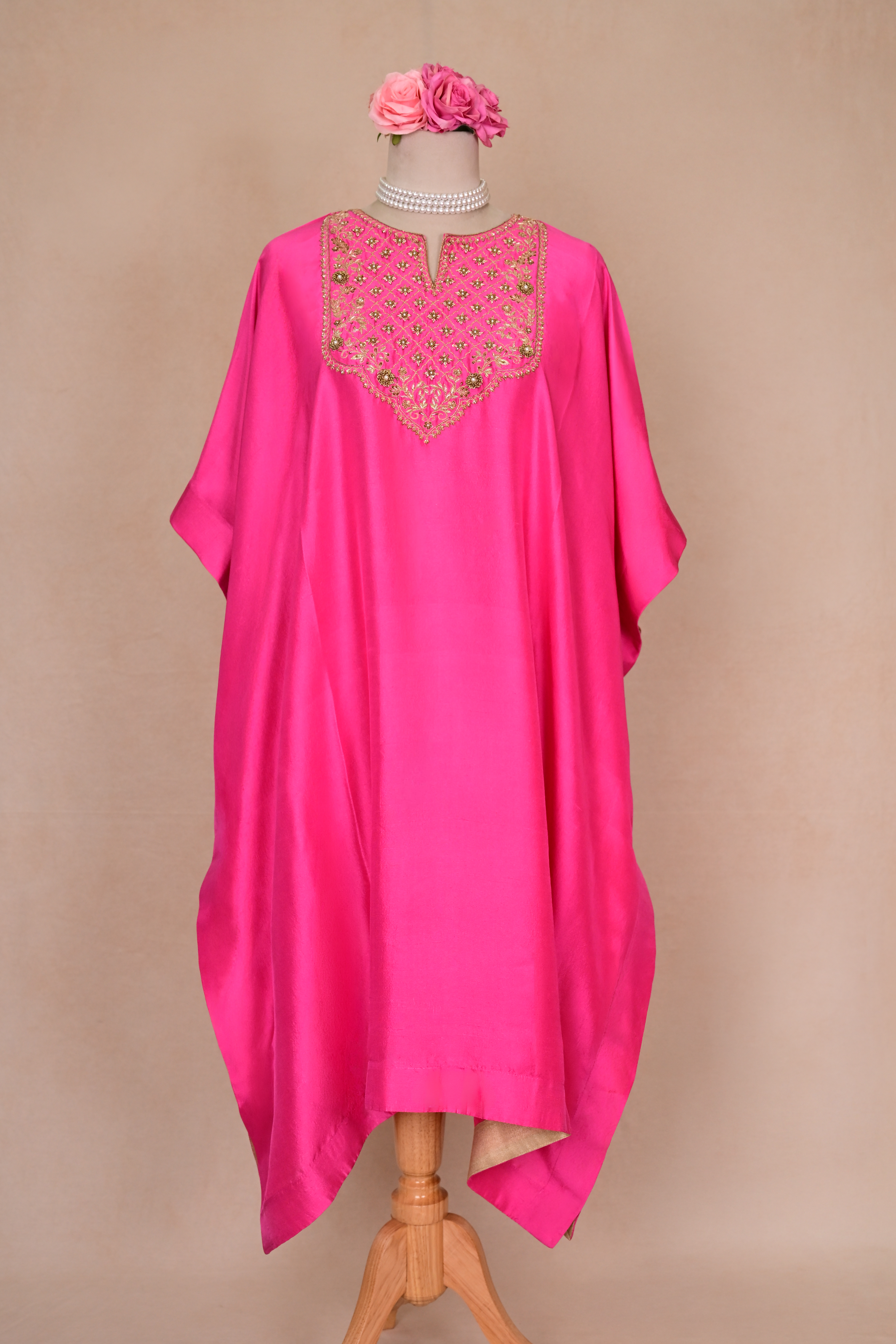 Hot Pink Dupion Silk Zardozi Kaftan