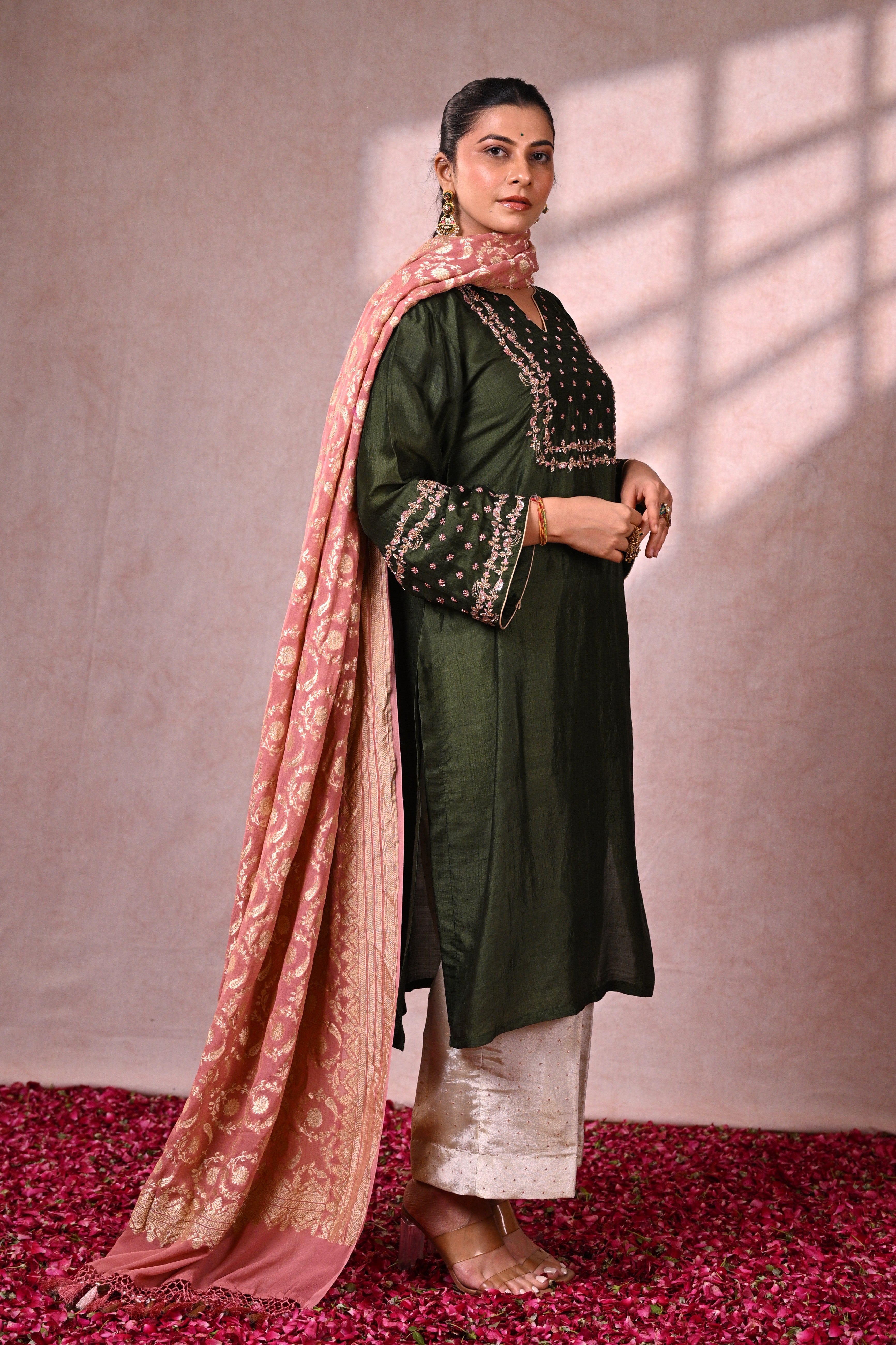 Forest Green Murshidabad Silk Zardozi Suit