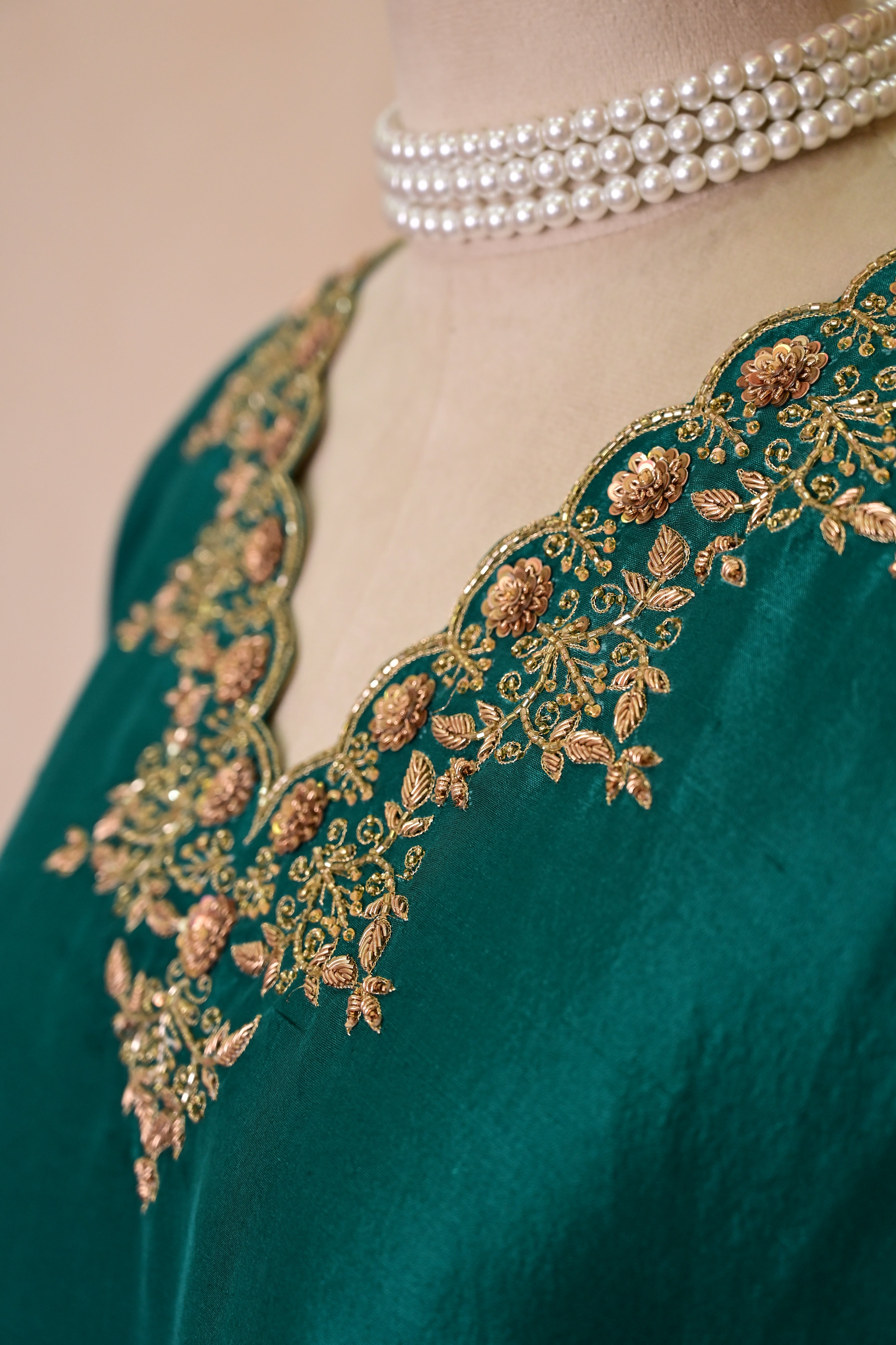 Pine Green Dupion Silk Zardozi Kaftan