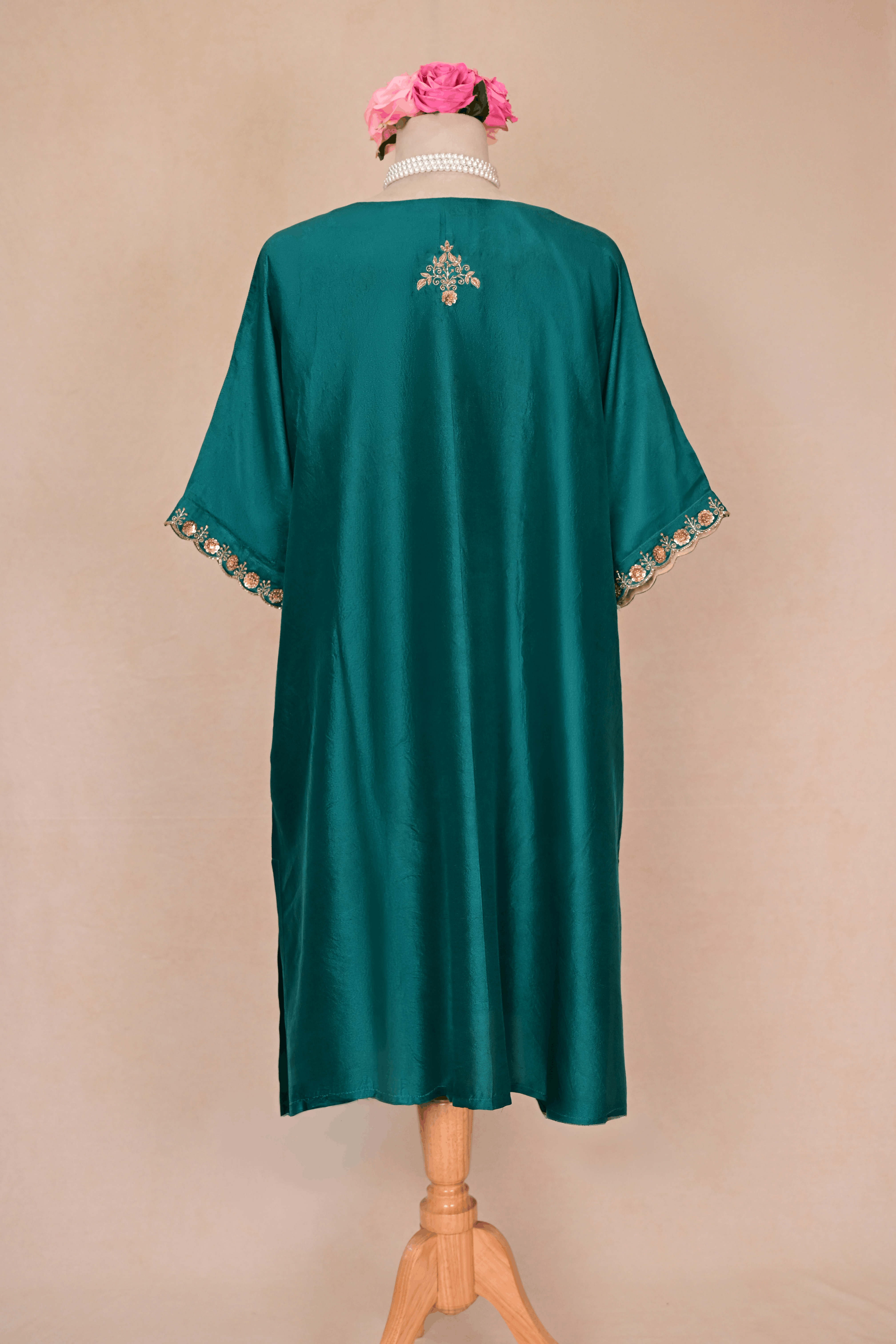 Pine Green Dupion Silk Zardozi Kaftan