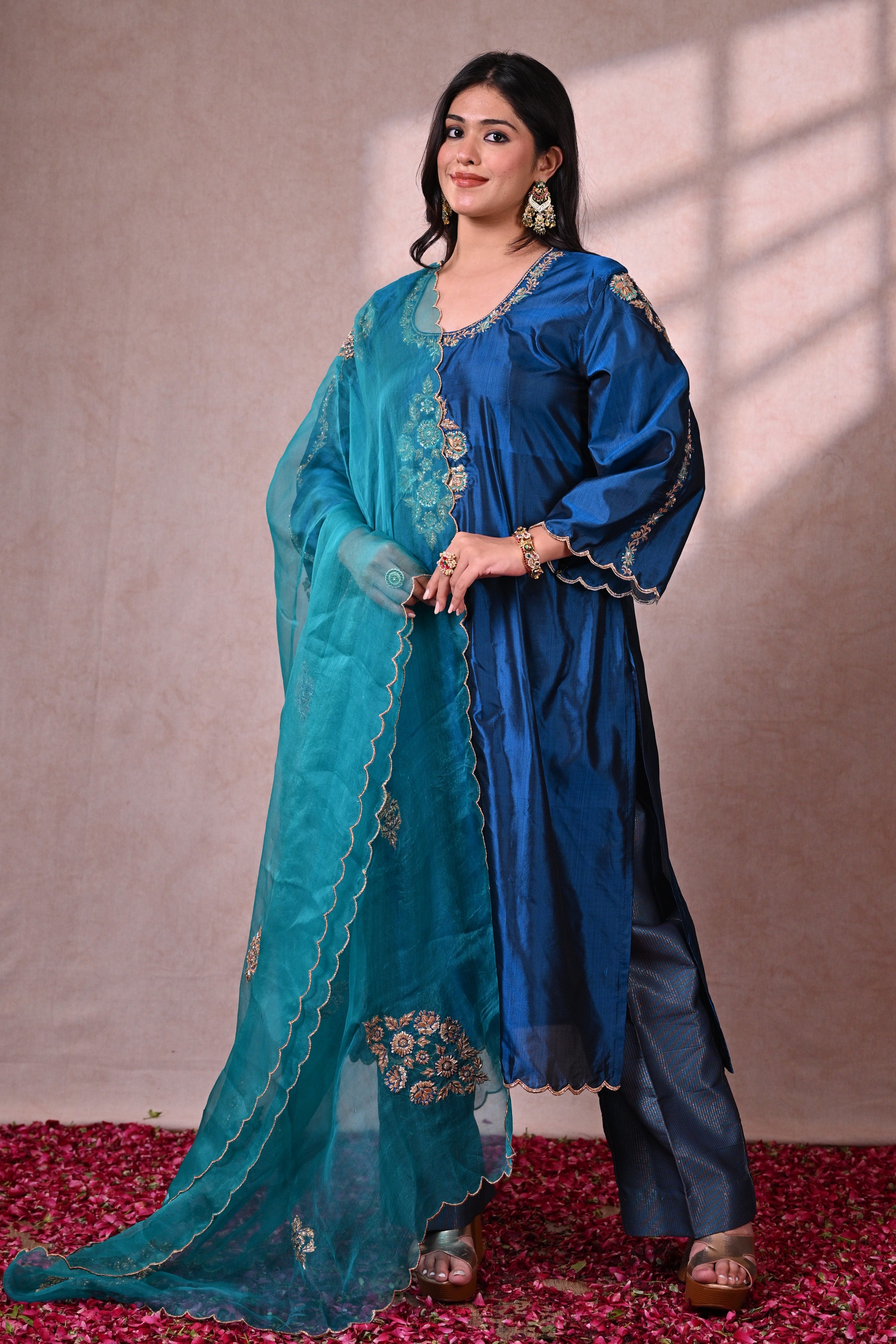 Peacock Blue Katan Silk Zardozi Suit
