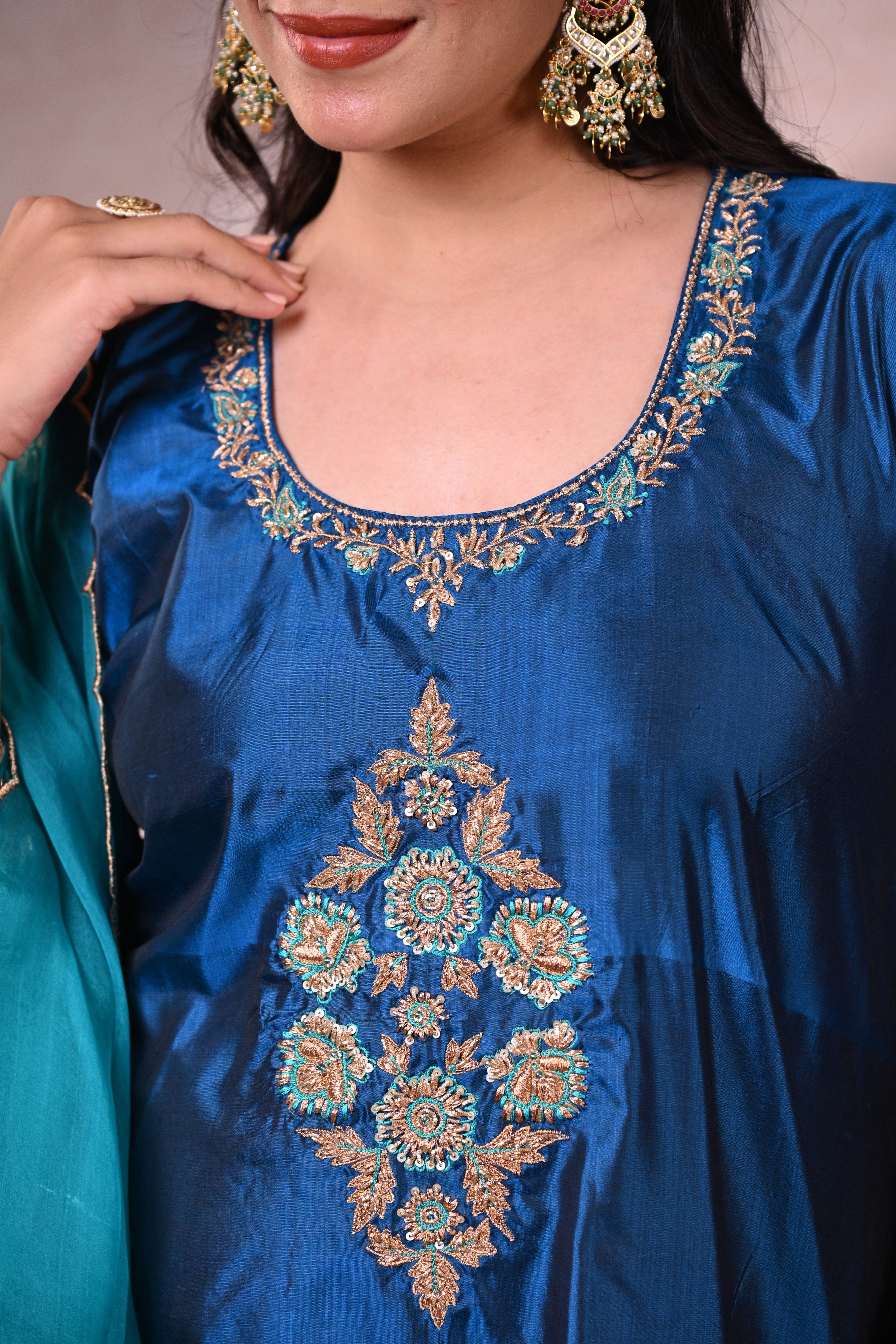 Peacock Blue Katan Silk Zardozi Suit