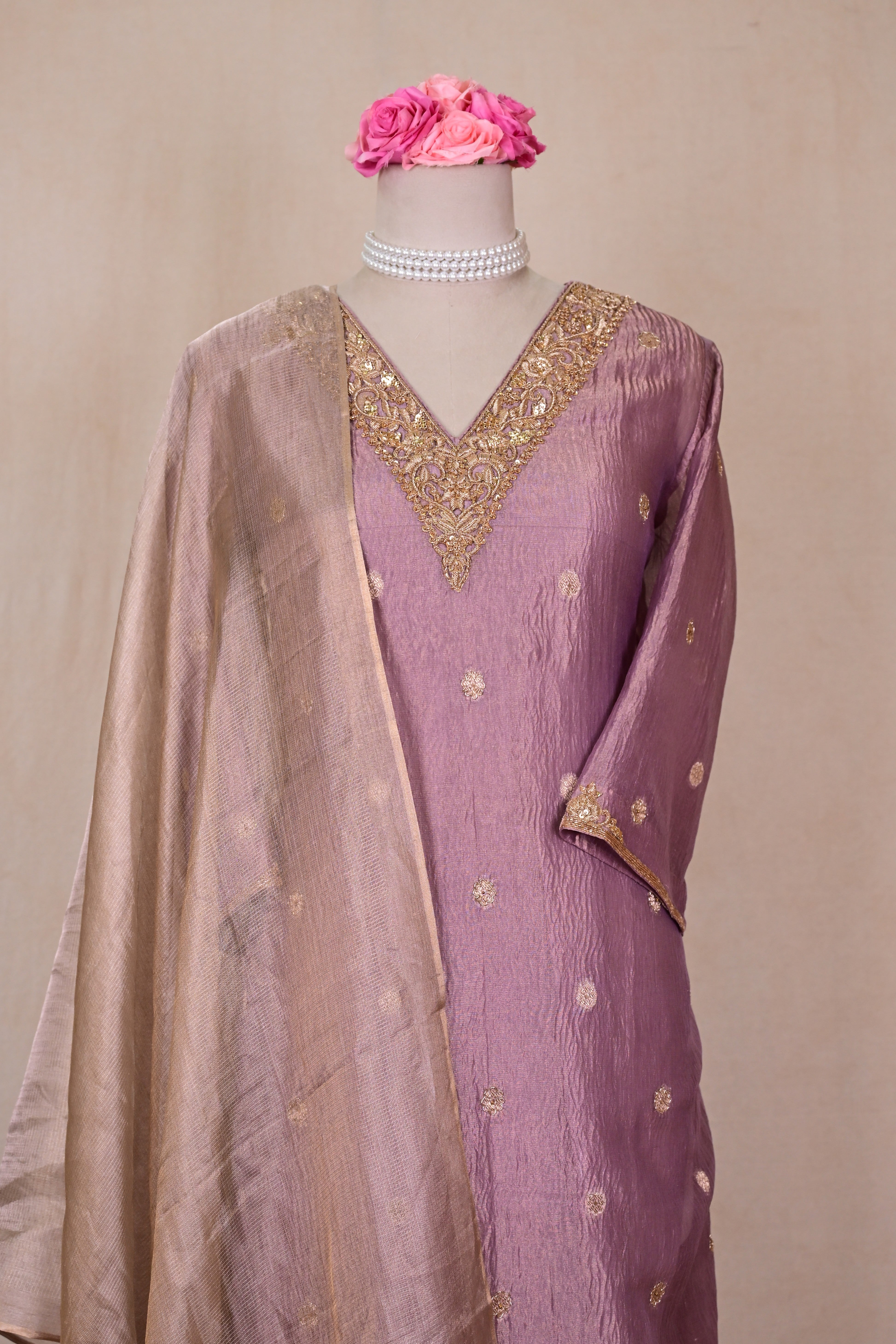Lavender Purple Tissue Silk Zardozi Suit