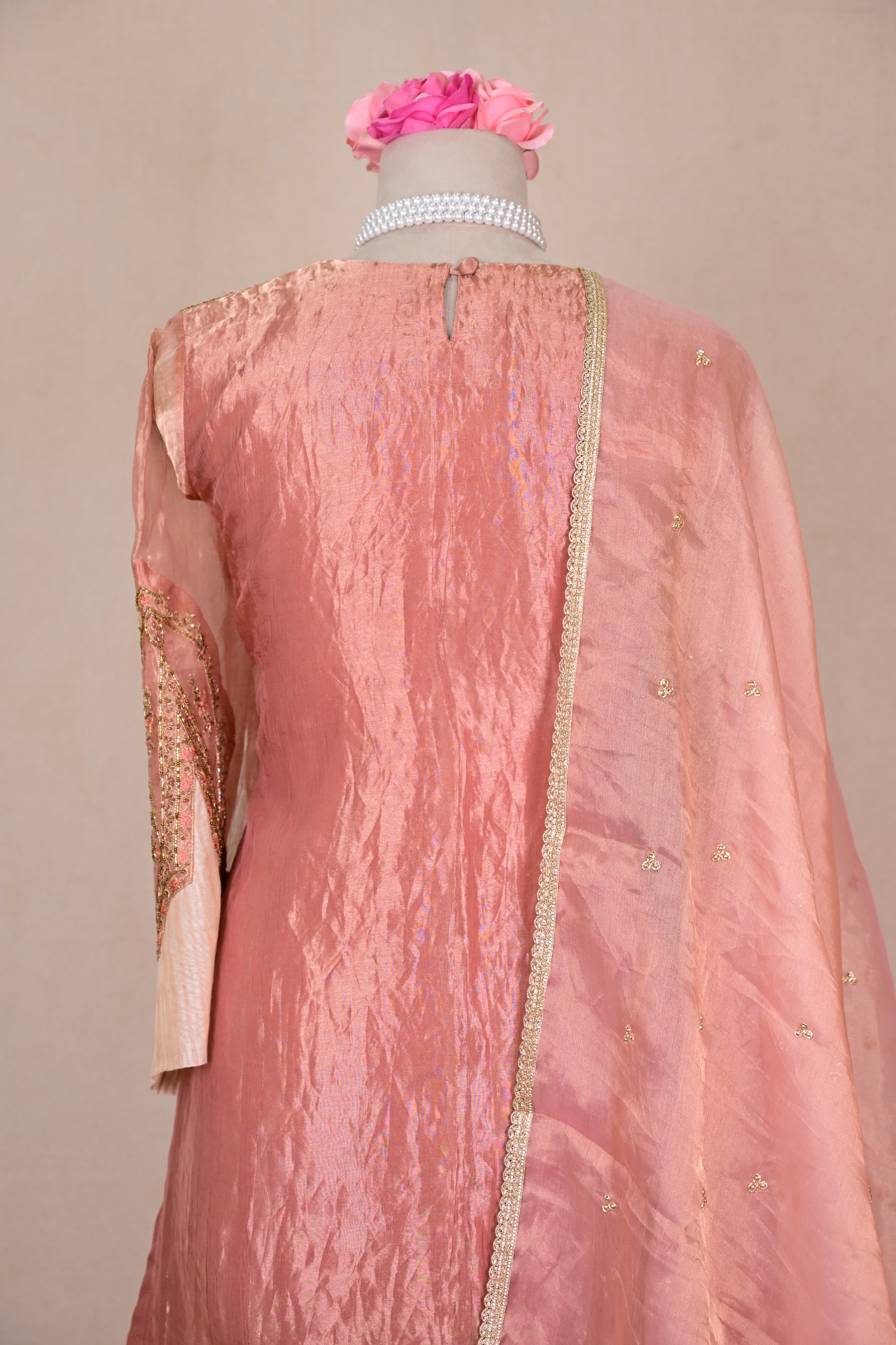 Salmon Pink Tissue Silk Zardozi Suit