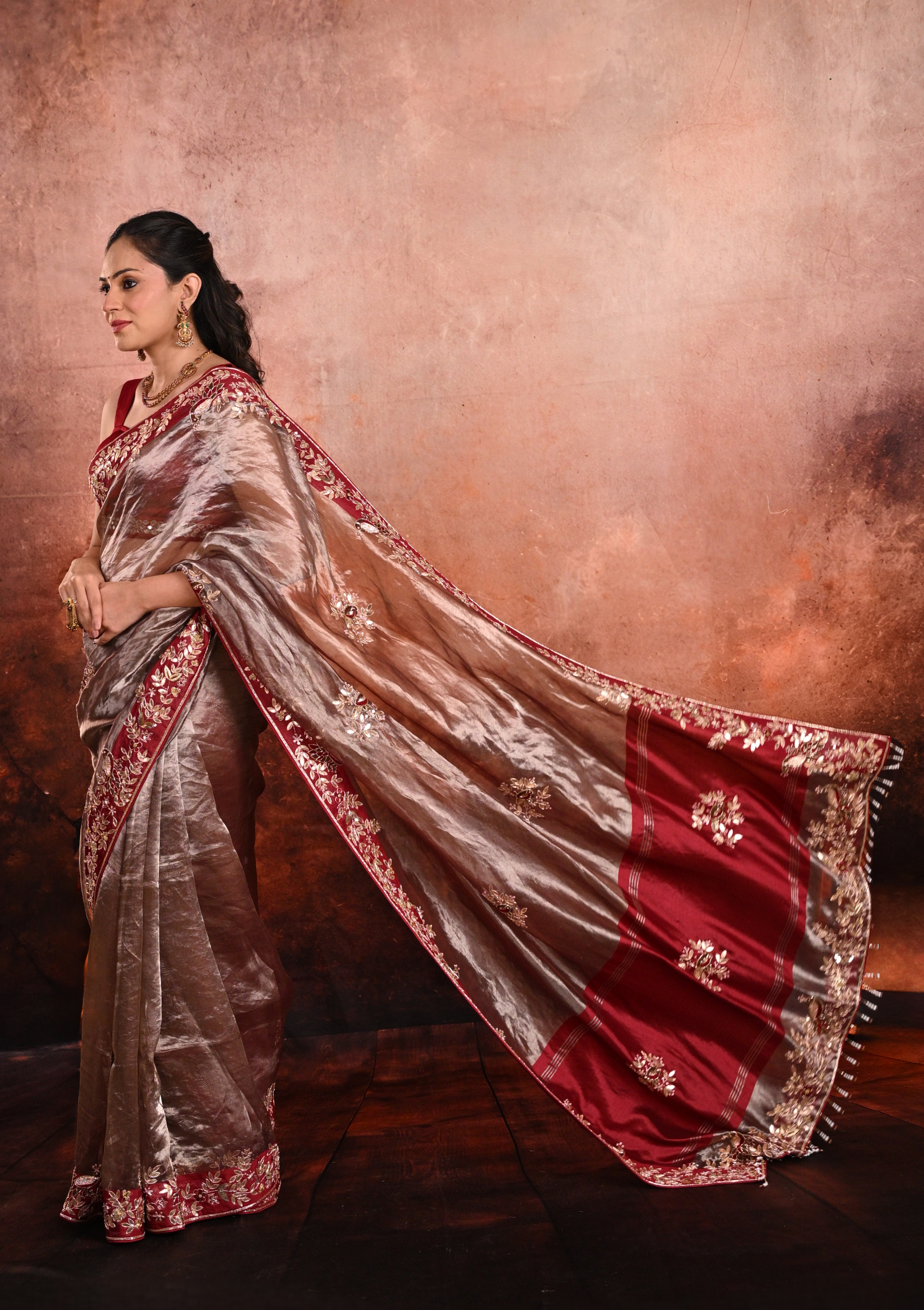 Antique Bronze Tissue Zardozi Saree