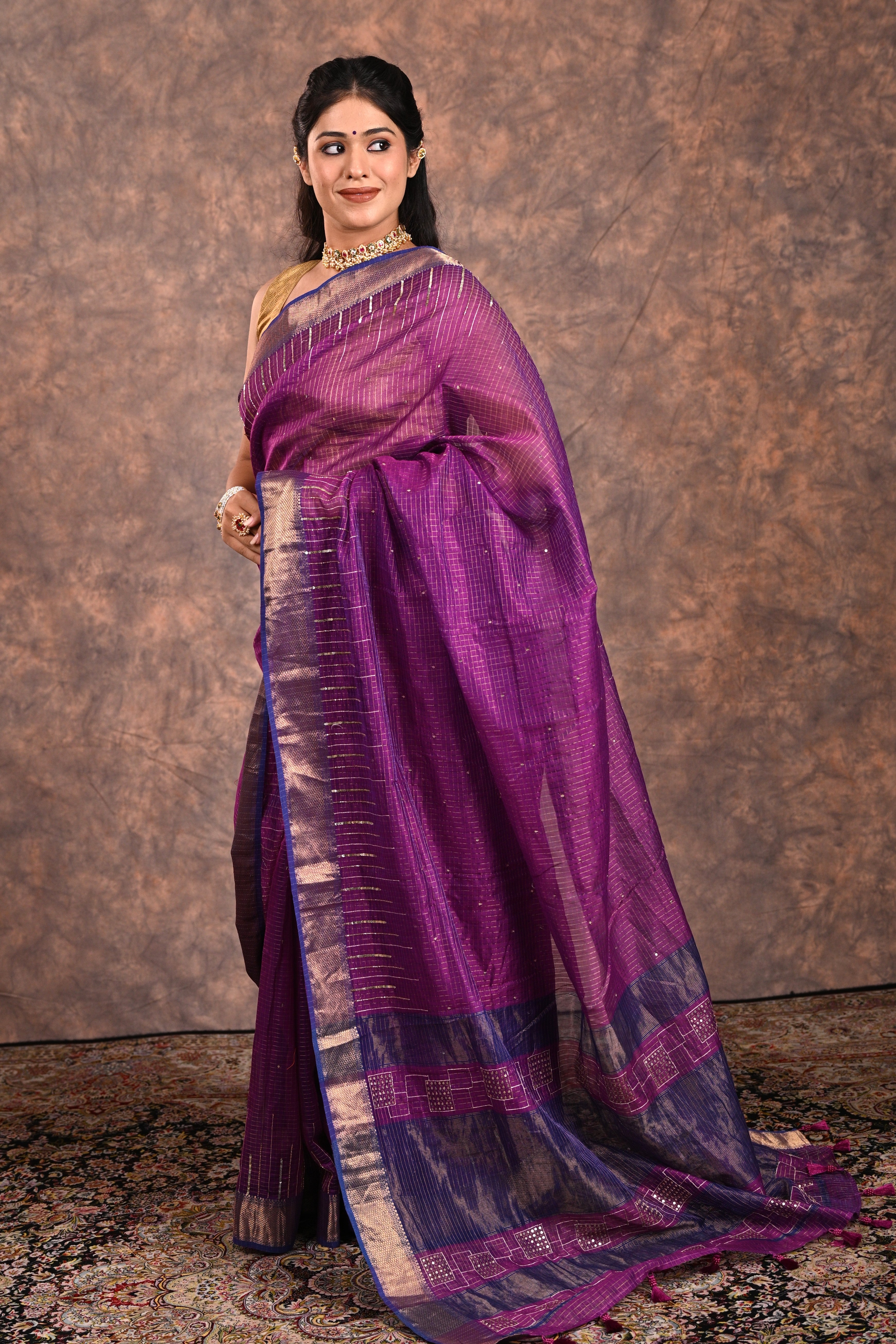 Deep Purple Maheshwari Silk Zardozi Saree