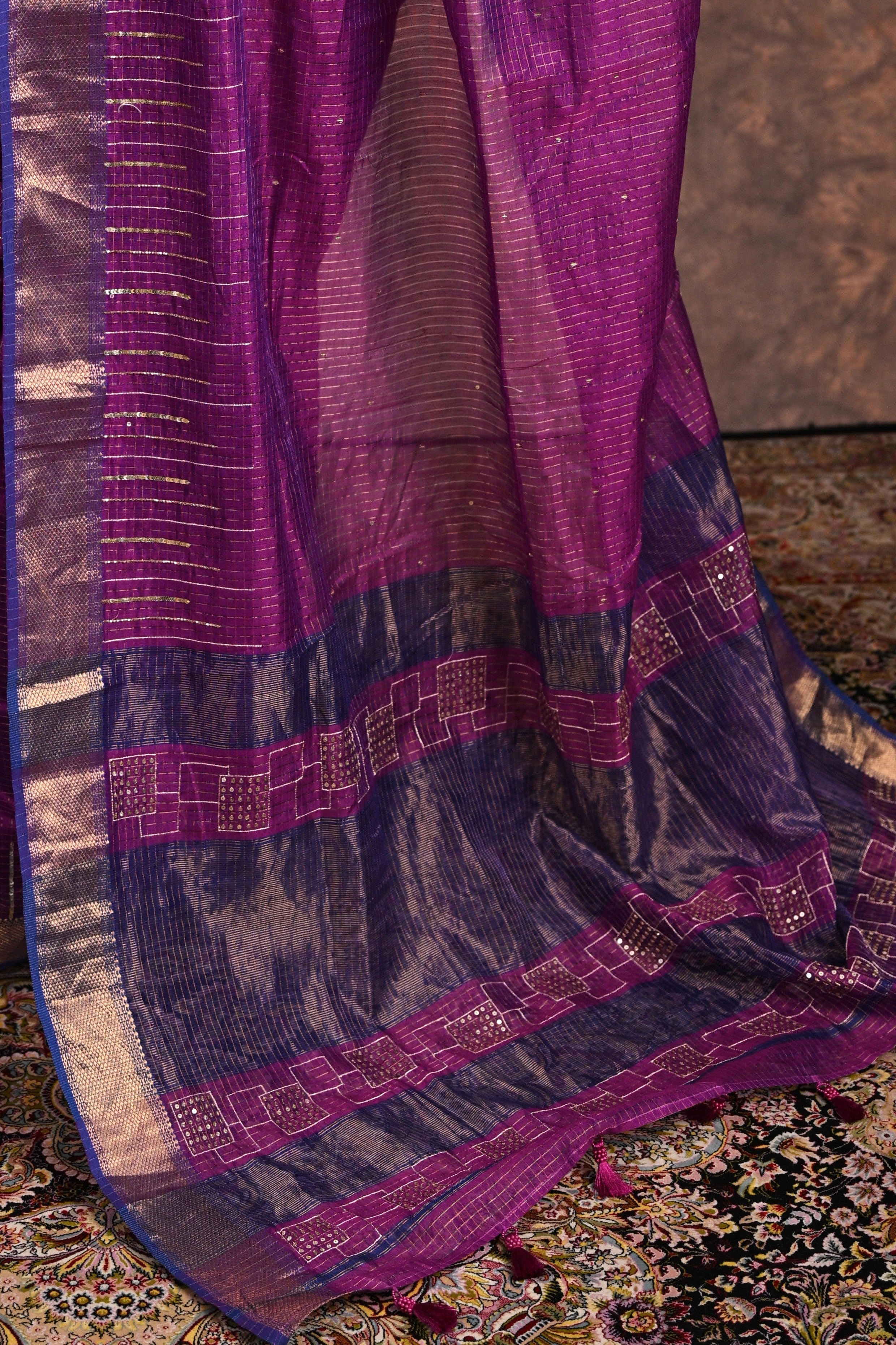 Deep Purple Maheshwari Silk Zardozi Saree