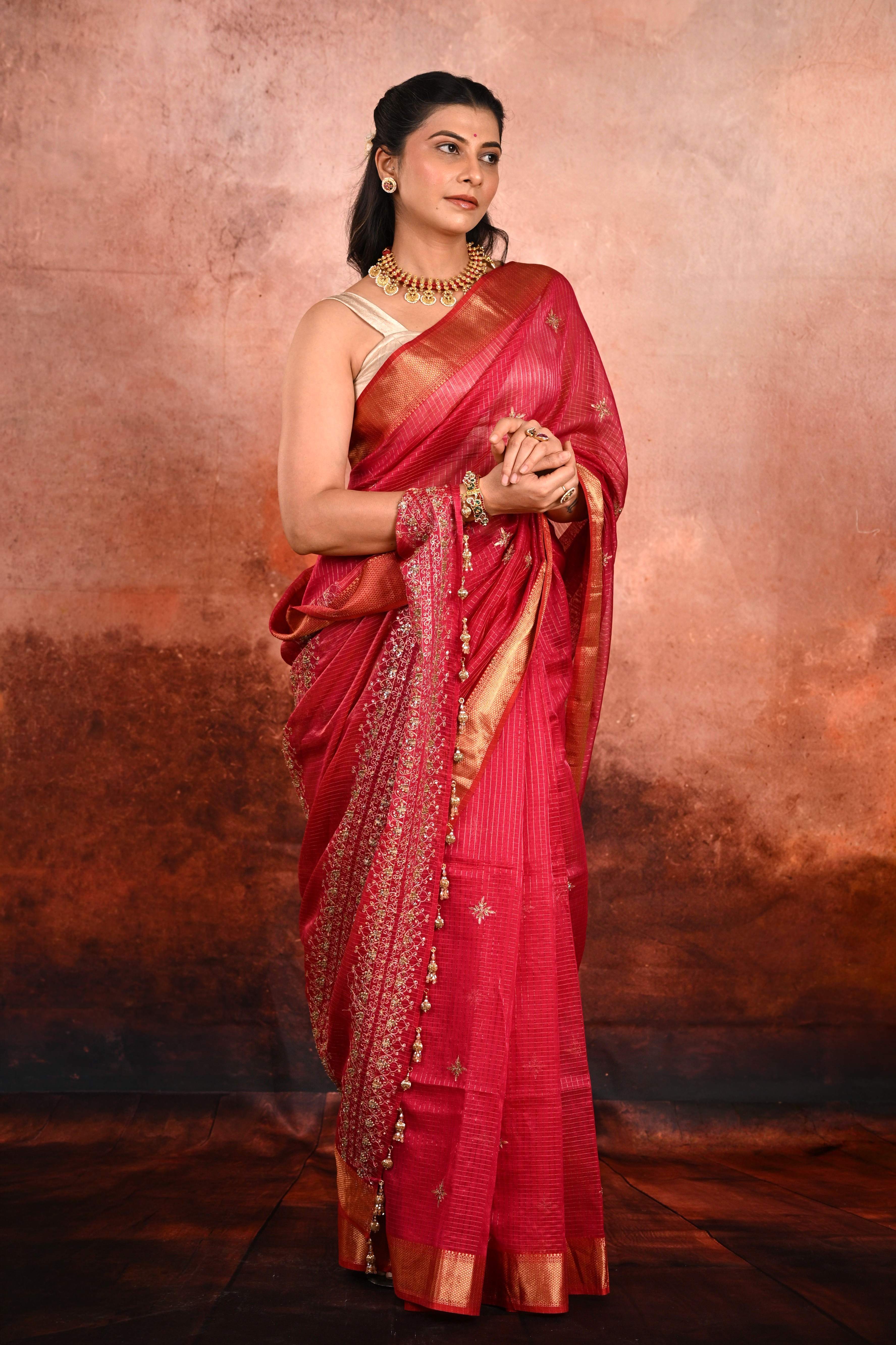 Ruby Maheshwari Silk Zardozi Saree