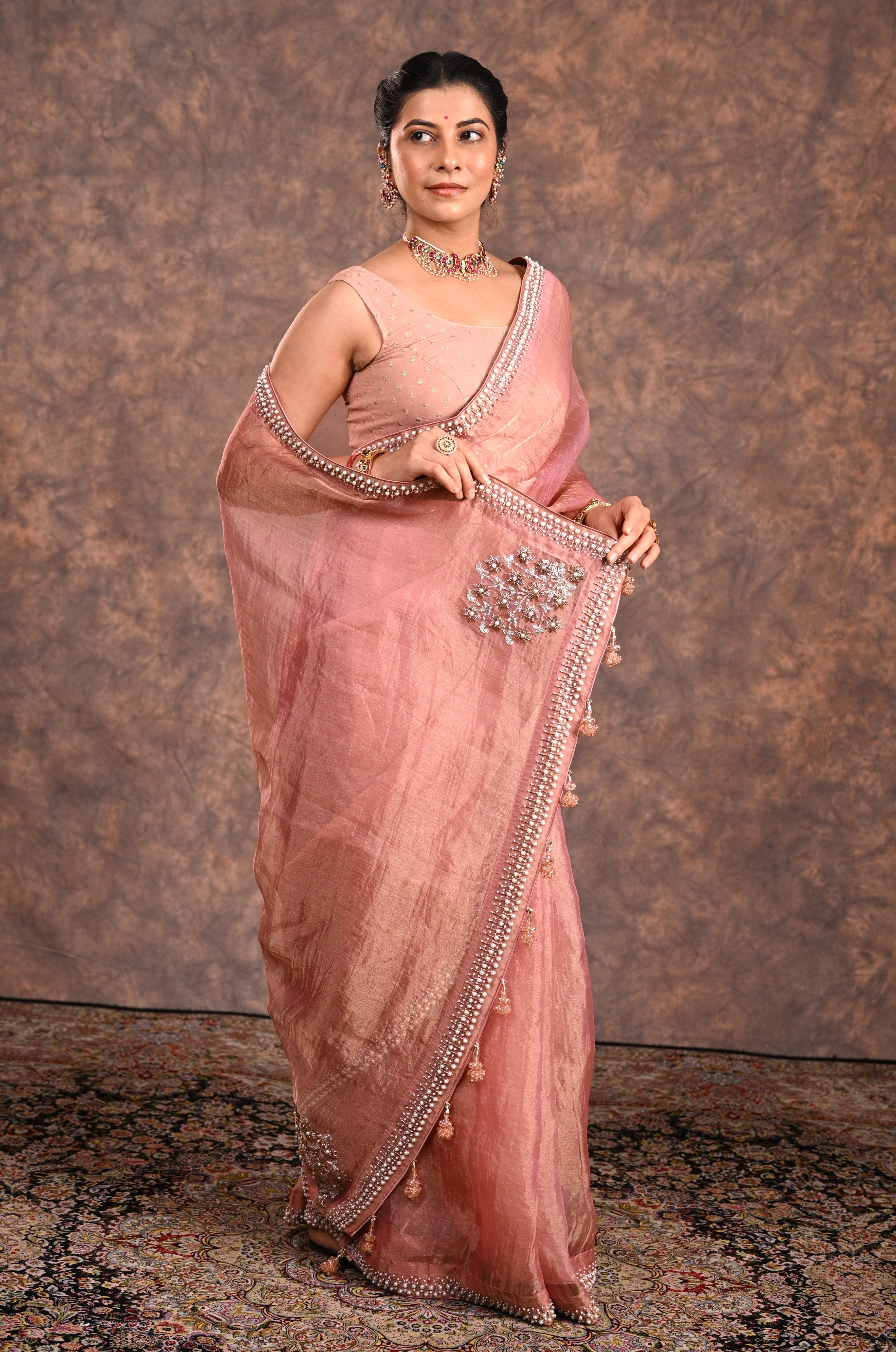 Blush Pink Tissue Silk Zardozi Saree