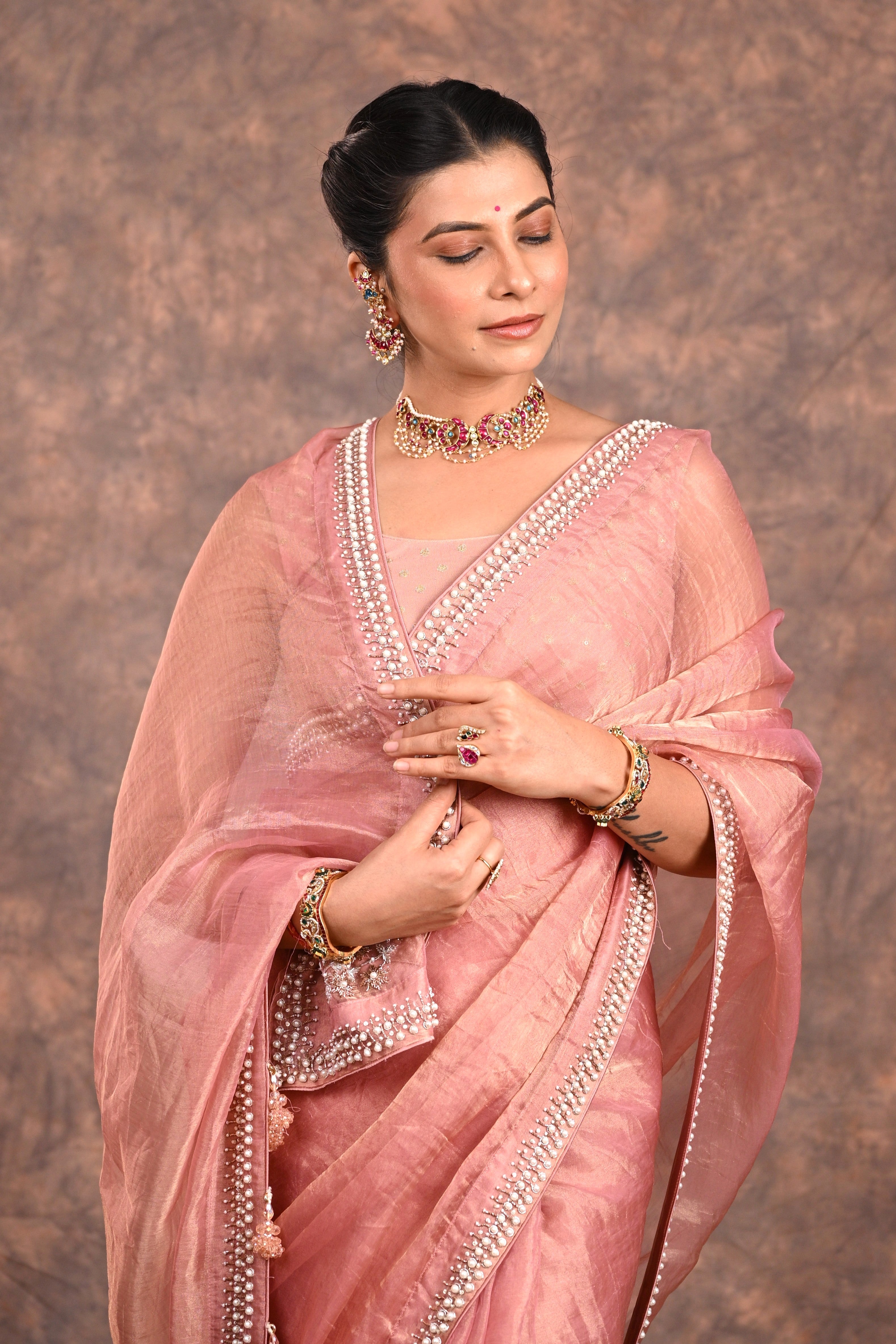 Blush Pink Tissue Silk Zardozi Saree