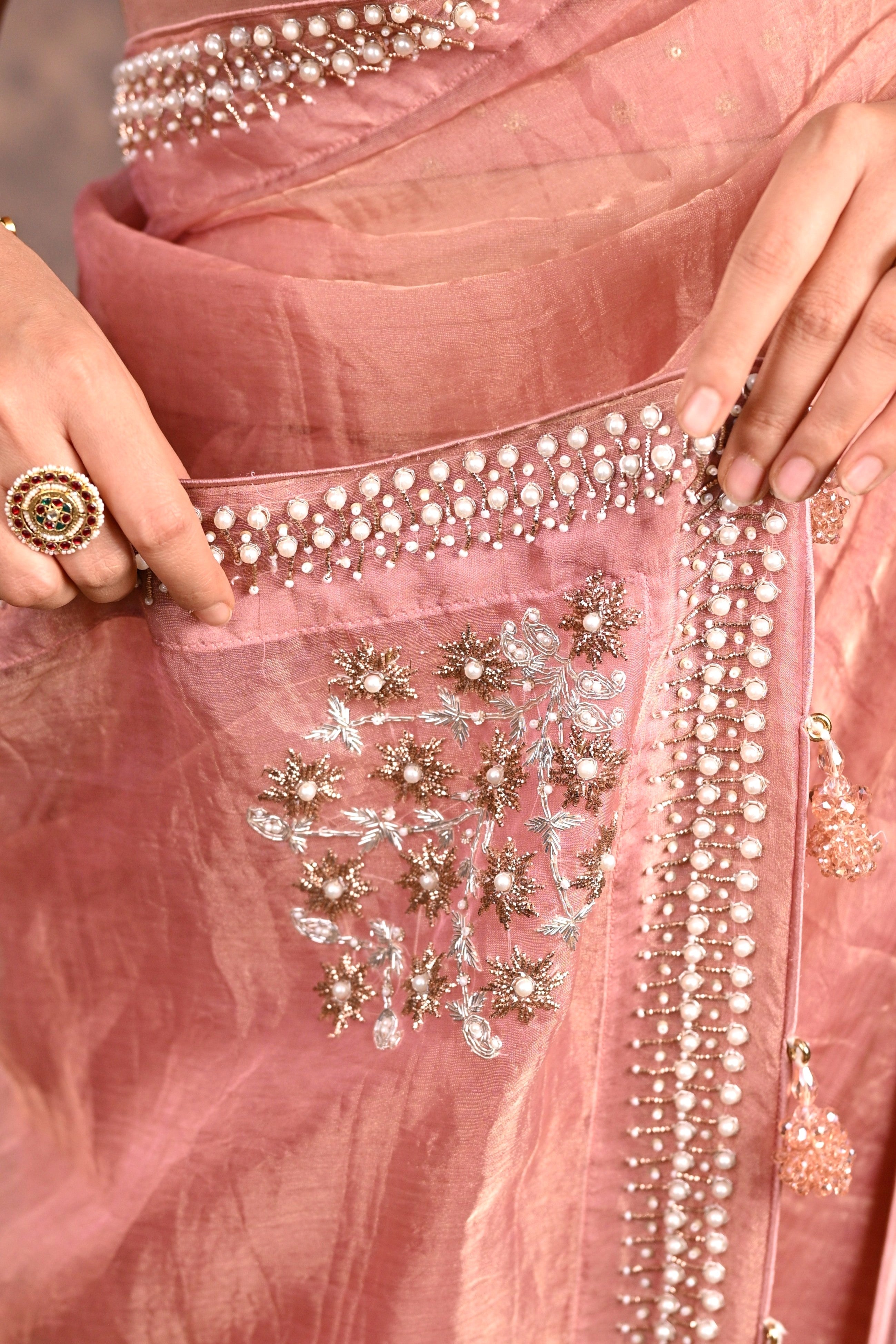 Blush Pink Tissue Silk Zardozi Saree
