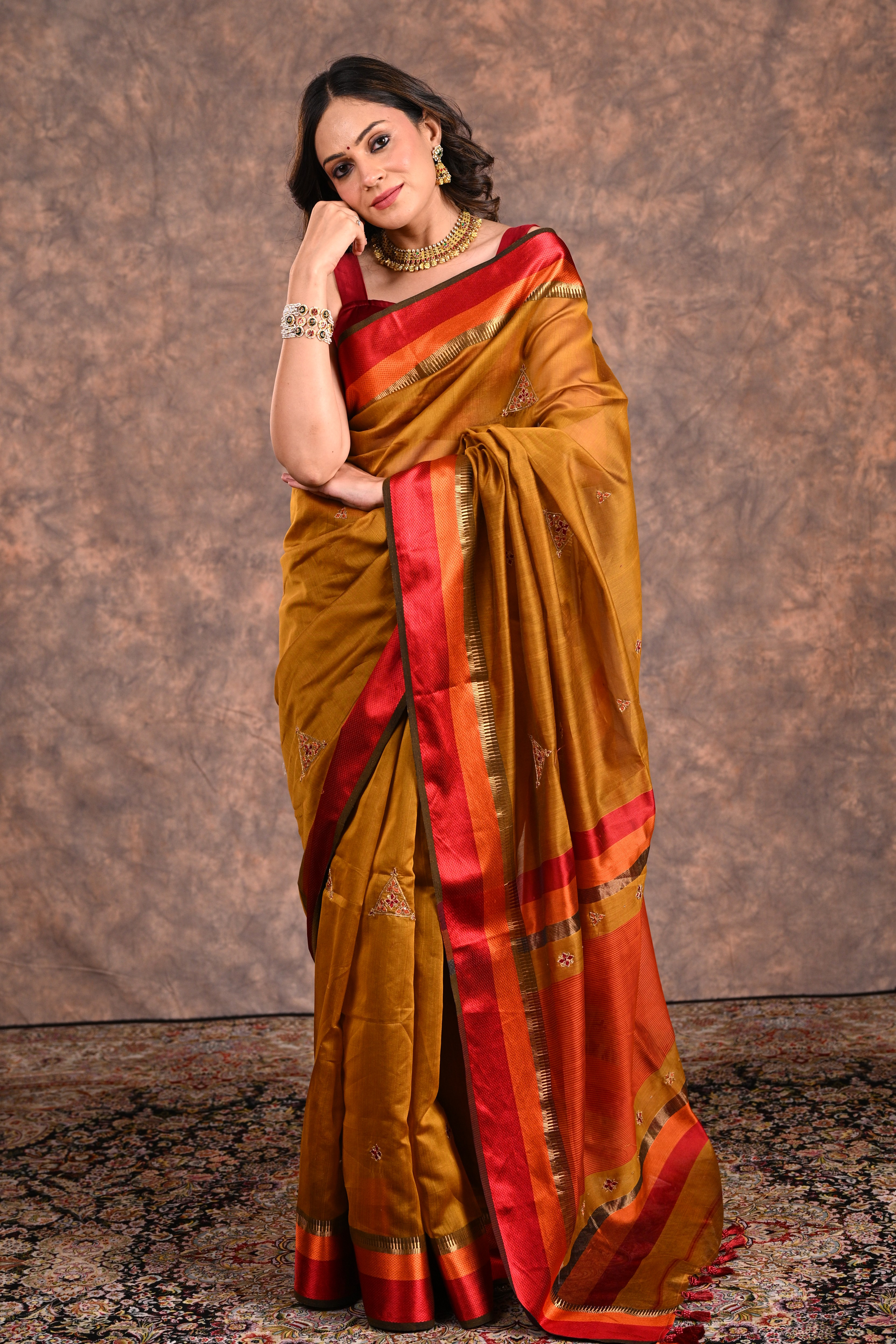 Yellow Ochre Maheshwari Silk Zardozi Saree