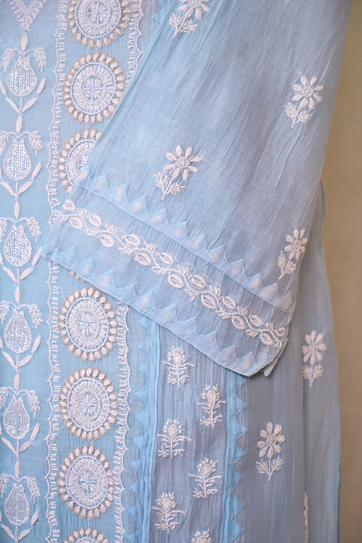 Steel Blue Ombre Chanderi Chikankari Suit