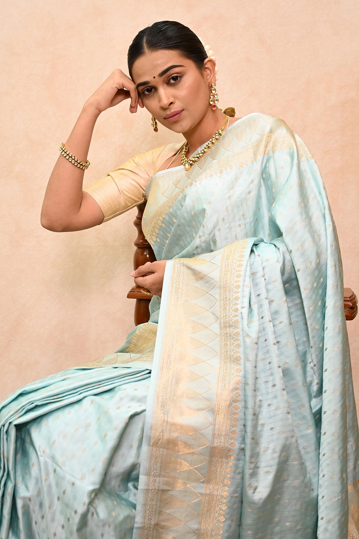 Handwoven Turquoise Blue Mushru Charmeuse Satin Saree with Zari & Resham Motifs