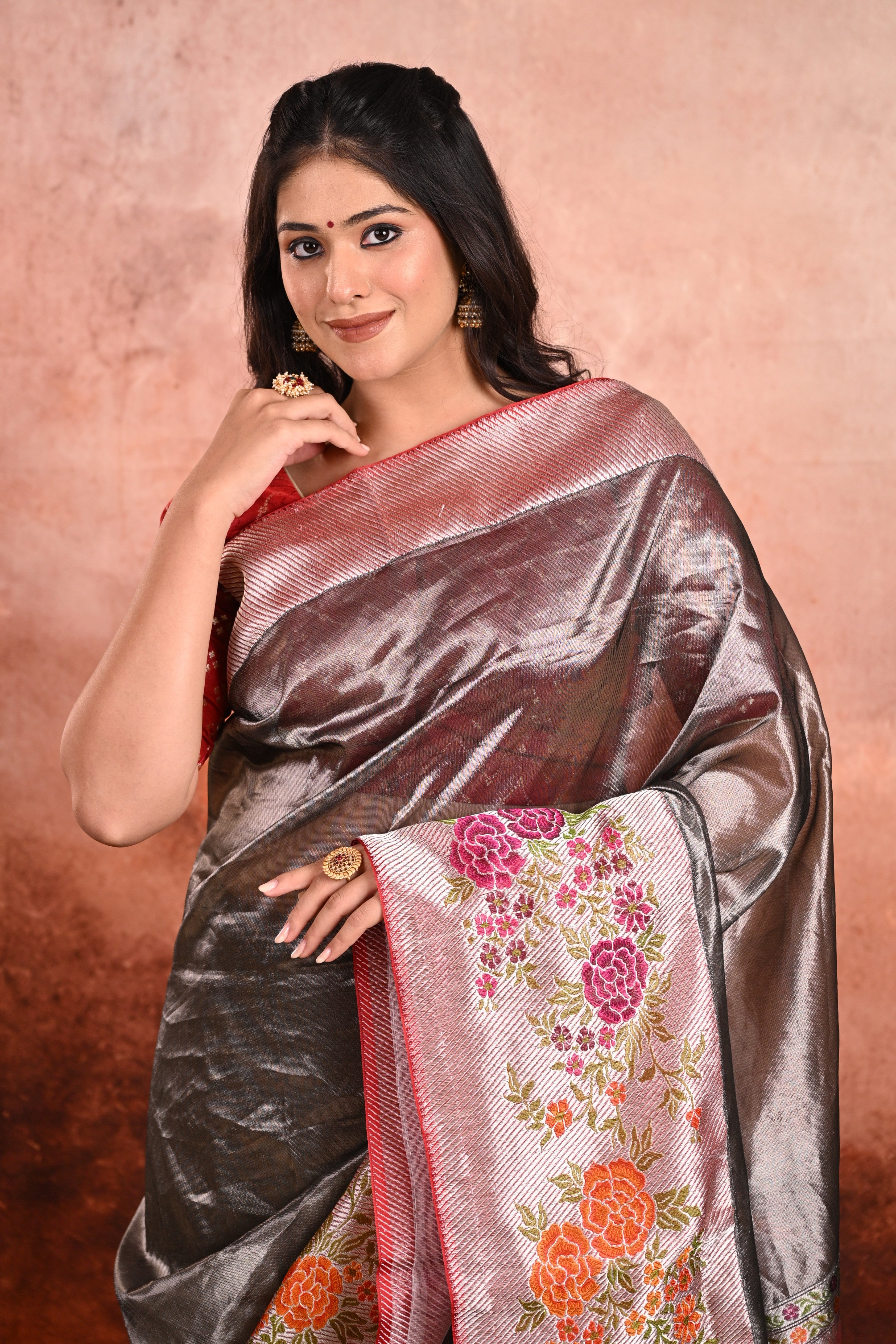 Metallic Grey Tissue Kora Silk Banarasi Saree