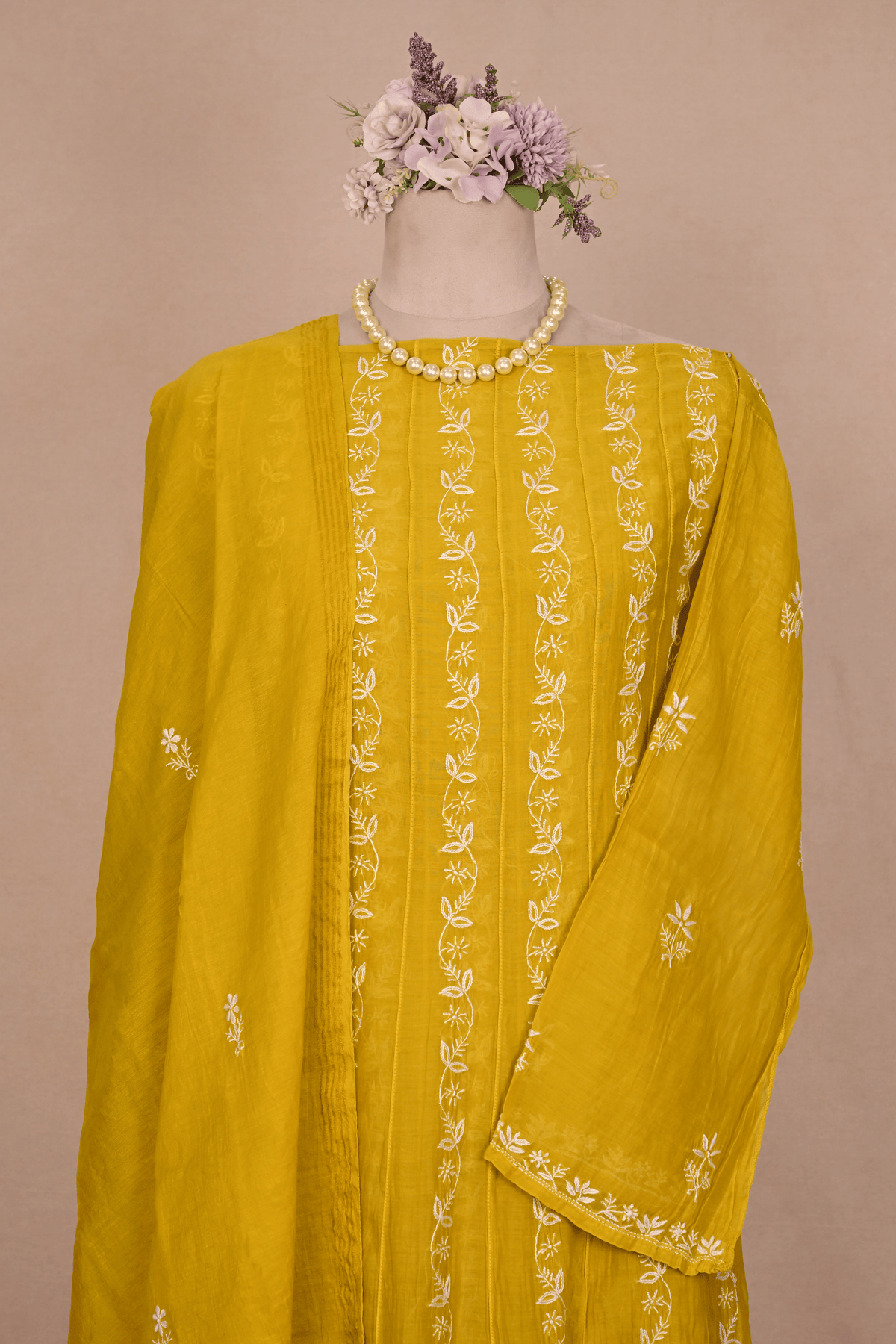 Olive Yellow Mul Chanderi Chikankari Anarkali