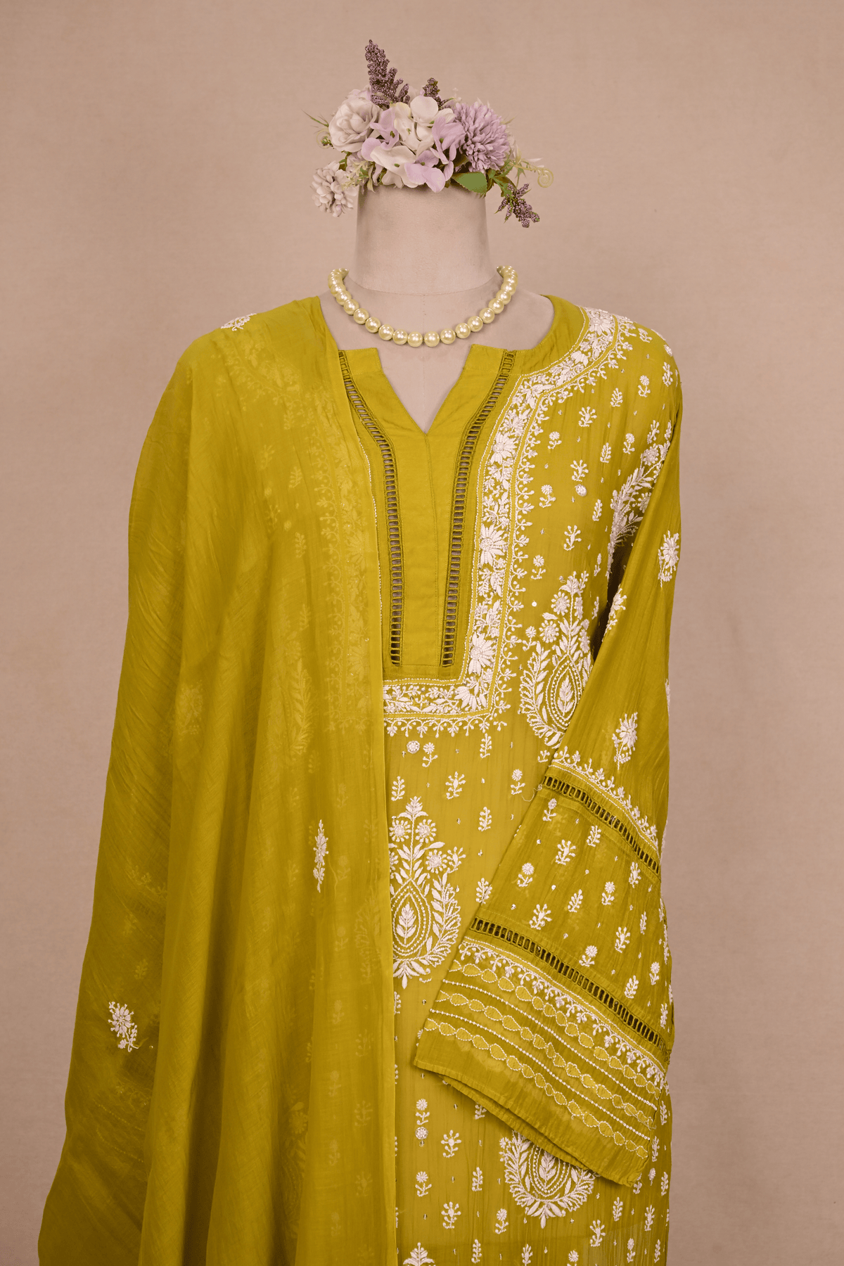 Parrot Green Mul Chanderi Chikankari Suit