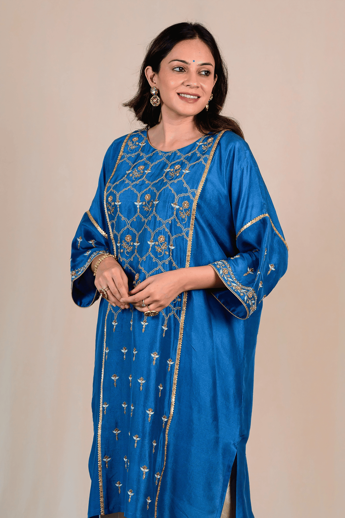 Teal Blue Dupion Silk Zardozi Kaftan