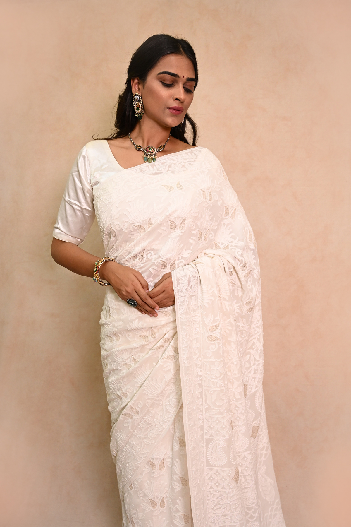 White Georgette Chikankari Saree