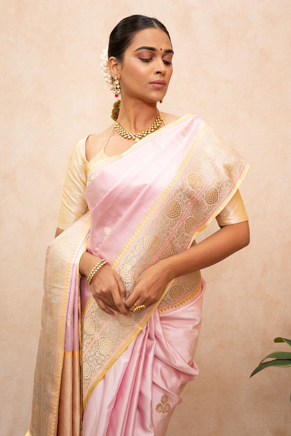 Handwoven Blush Pink Mushru Satin Silk Saree with Rupa-Sona Zari & Floral Border
