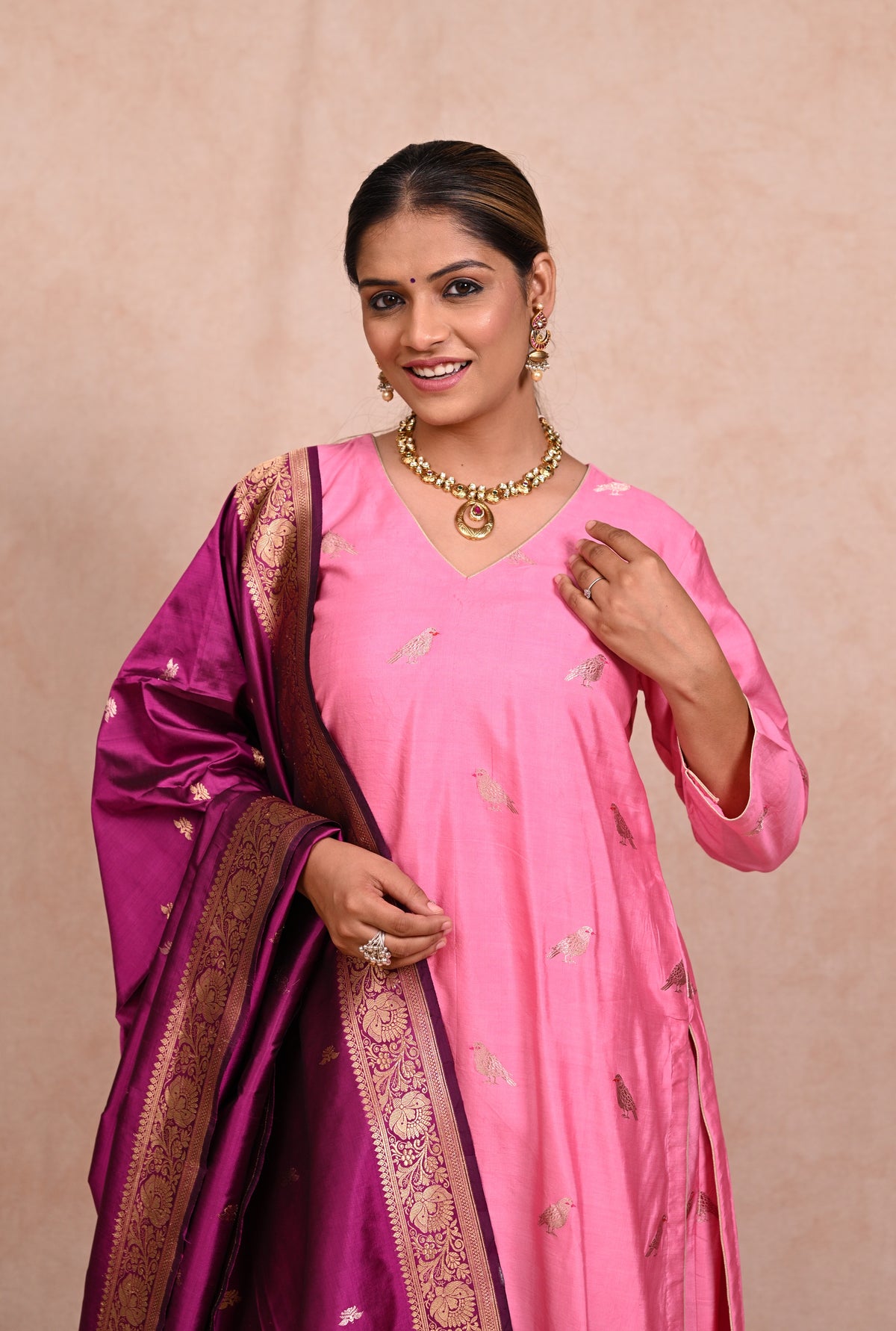Blossom Pink Chiniya Silk Banarasi Suit