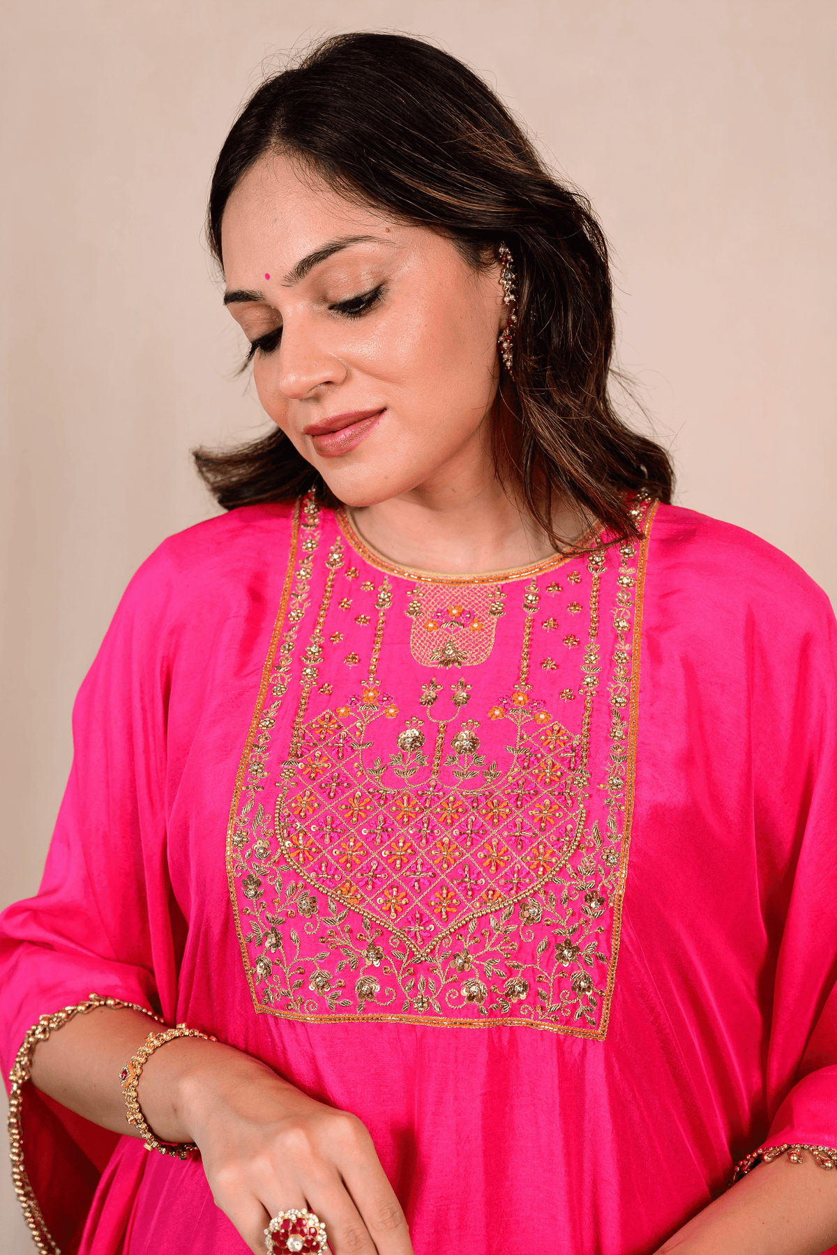 Bright Pink Dupion Silk Zardozi Kaftan