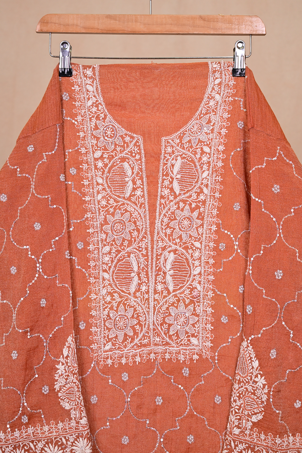 Rust Orange Tissue Chanderi Chikankari Co-ord Set