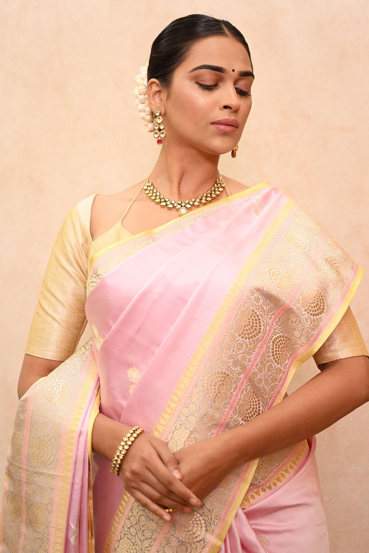 Handwoven Blush Pink Mushru Satin Silk Saree with Rupa-Sona Zari & Floral Border