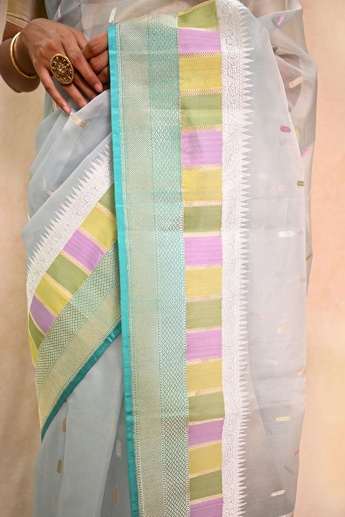 Light Blue Organza Saree with Golden Zari Booti