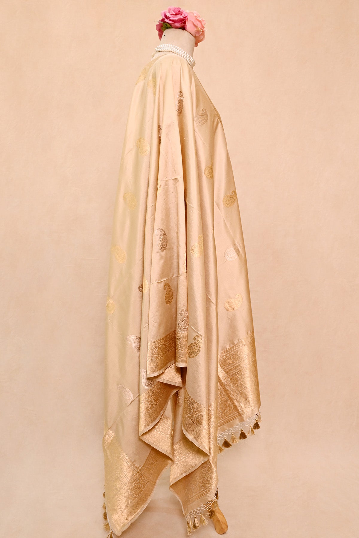 Beige Katan Silk Banarasi Dupatta with Paisely Motifs
