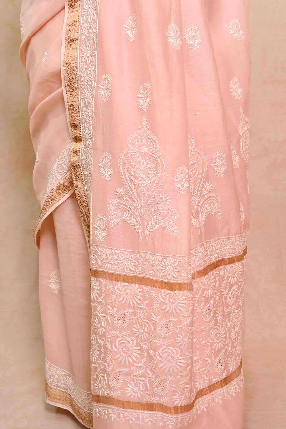 Light Peach Chanderi Chikankari Saree with Zari Border