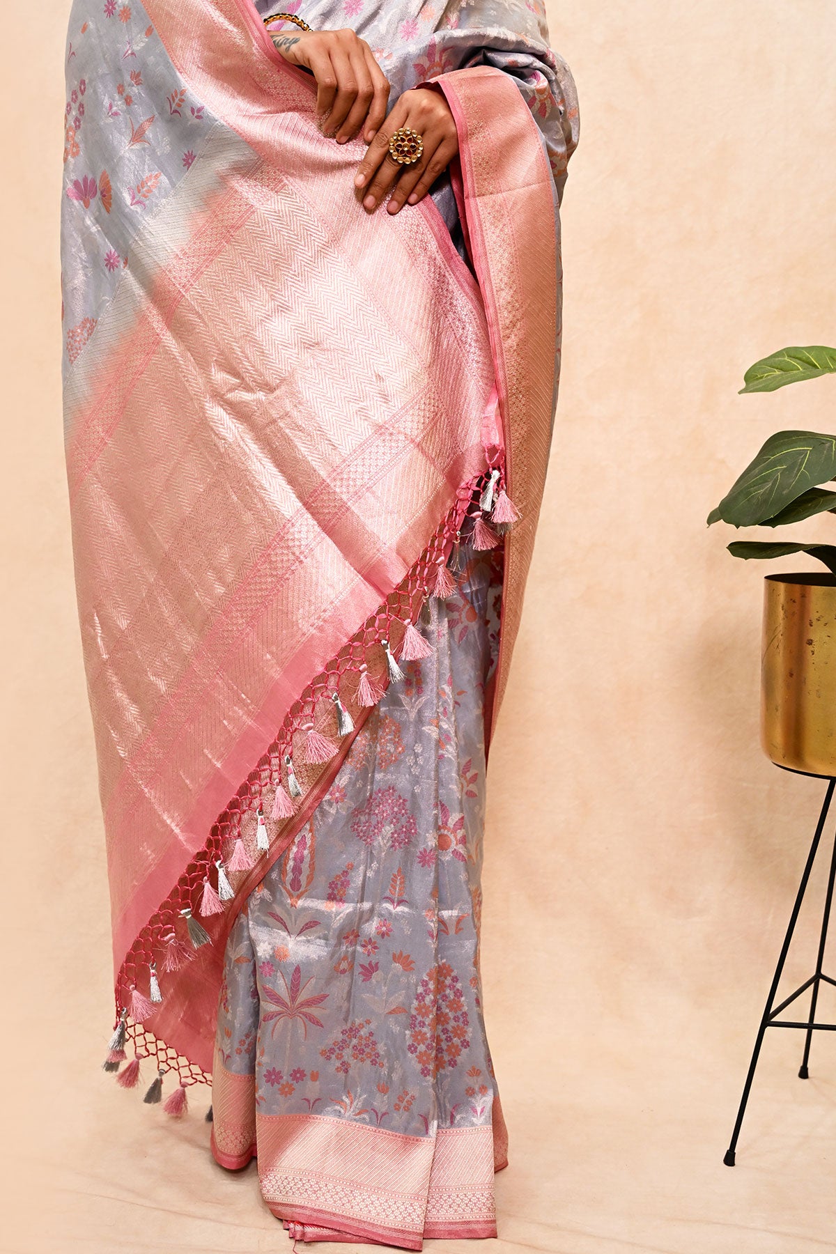 Ektara Tissue Banarasi Silk Saree with Jamdani Tilfi Motifs & Silver-Resham Tassels